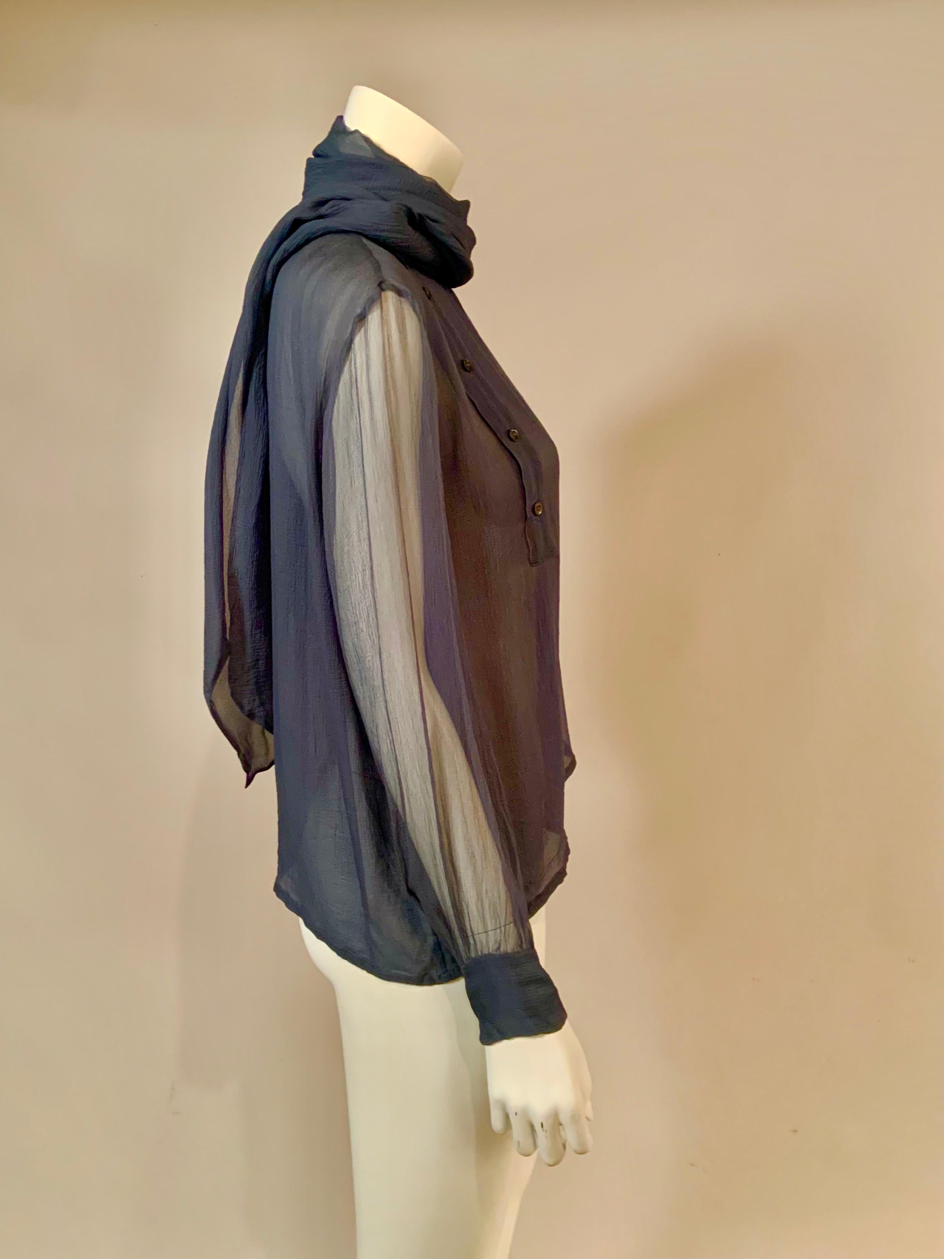 Yves Saint Laurent Sheer Slate Blue Silk Georgette Blouse For Sale 3