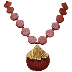 Yves Saint Laurent shell necklace in gilded metal and red jasper, 1970s