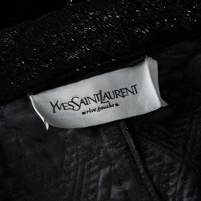 Yves Saint Laurent Shiny Black Quilted Velvet Belted Long Coat M 1