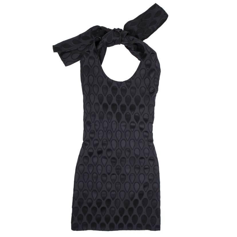 YVES SAINT LAURENT Short Sleeveless Summer Dress in Black Damask Silk Size 36FR