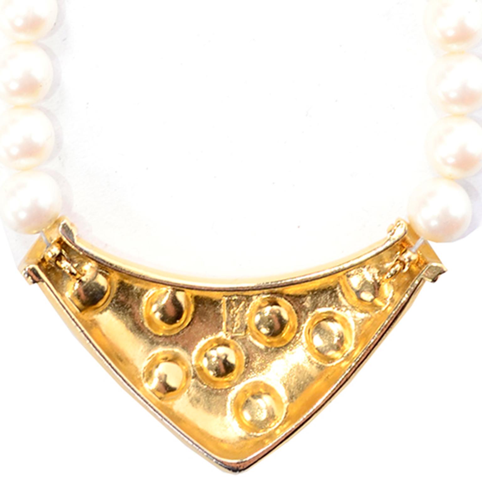 Yves Saint Laurent Signed YSL Vintage Pearls Gold Tone Bib Necklace w Red Stones 3