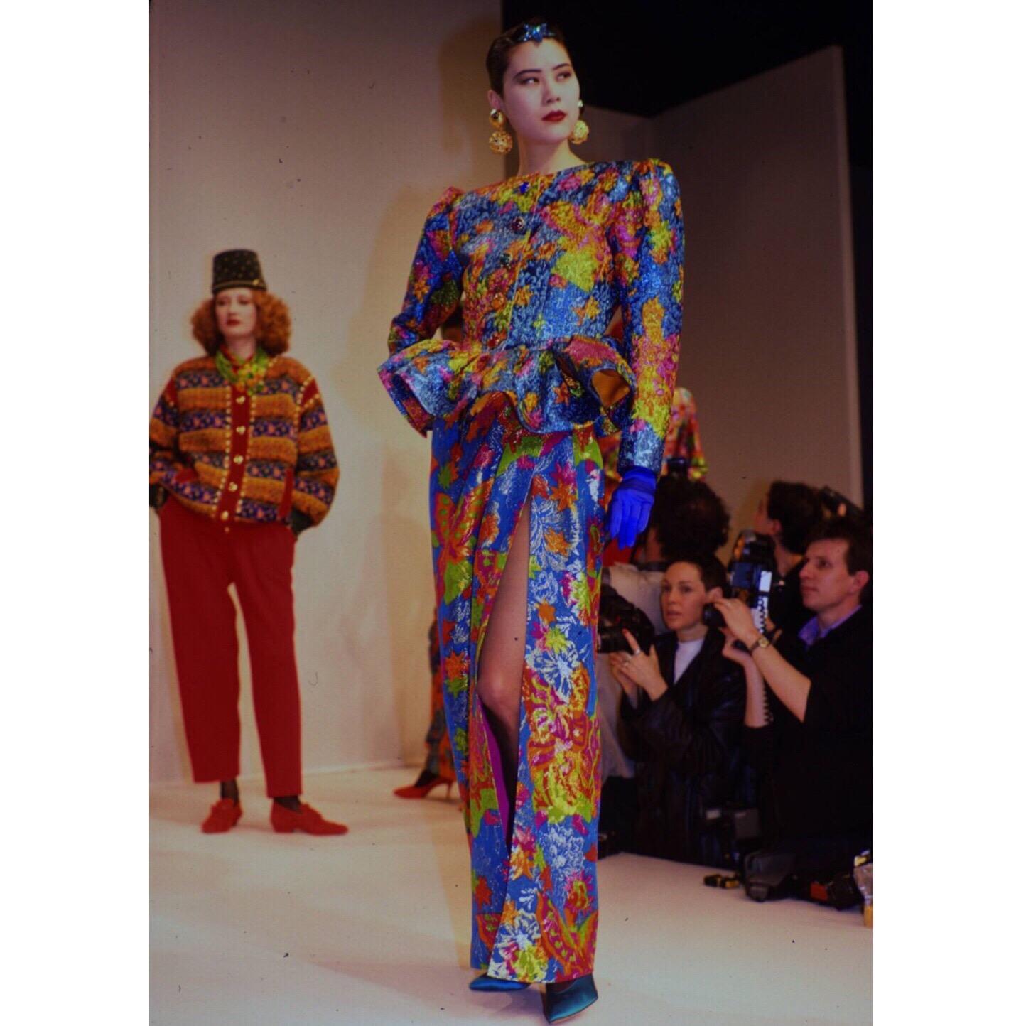 Encompassing his appeal for international inspiration, YSL blended Eurasian styles with his usual bright color combinations during the Fall/Winter 1989 collection. Mr. Saint Laurent's  ability to make globally inspired designs by melding several