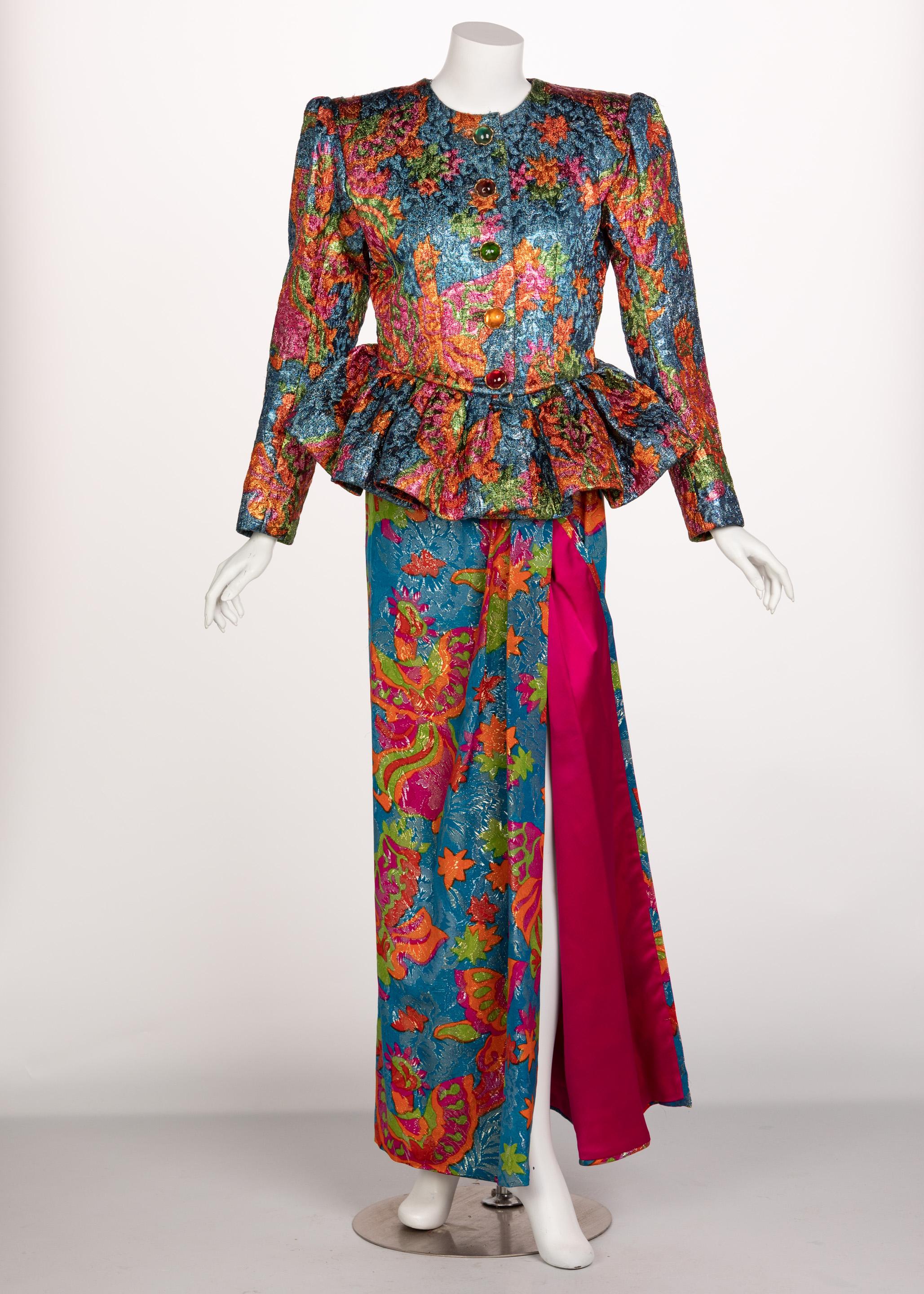 Gris Ensemble veste en brocart de soie papillons Yves Saint Laurent défilé YSL, 1989 en vente
