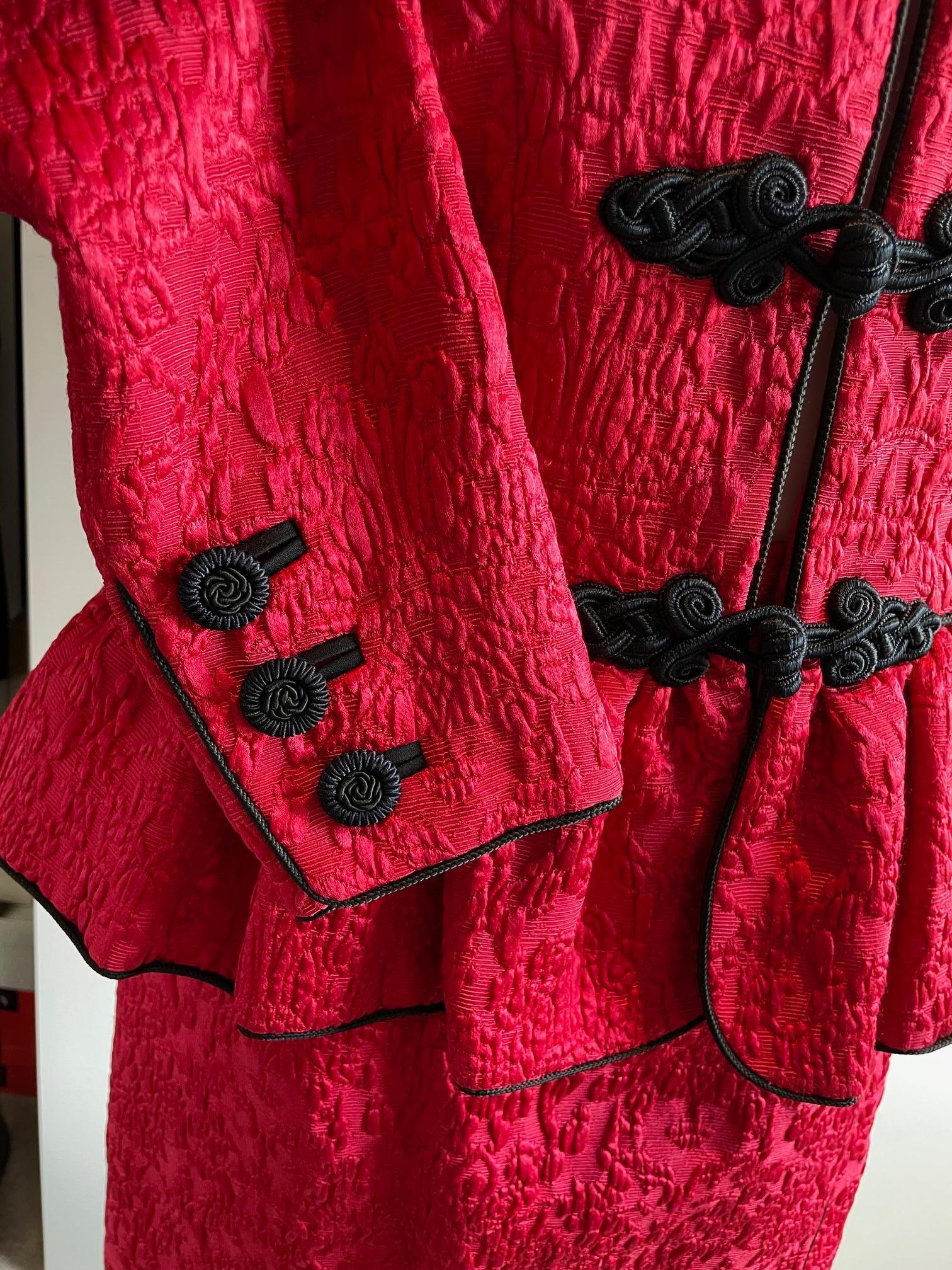 YVES SAINT LAURENT Brocade Jacket Skirt Red Suit 