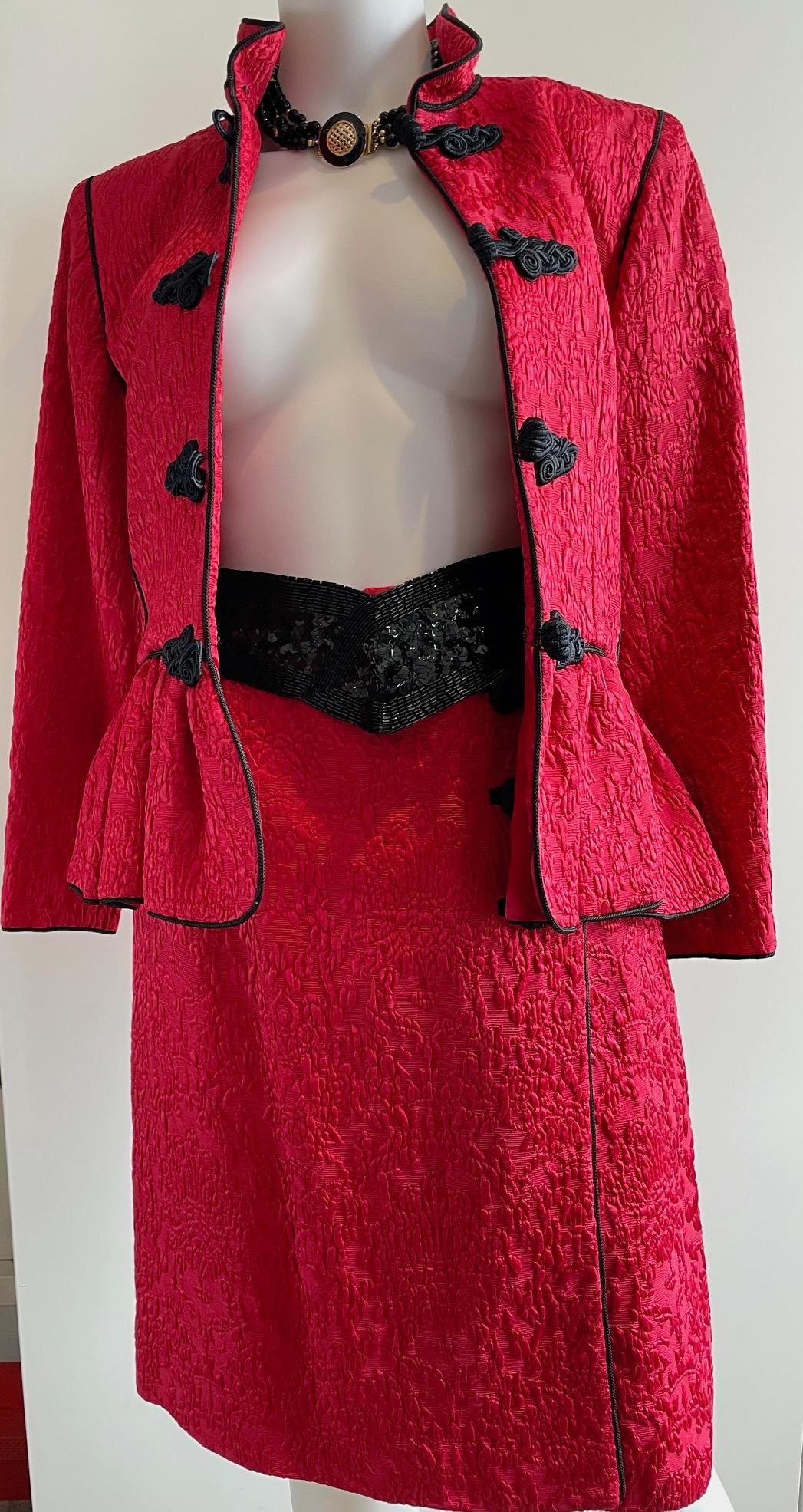 YVES SAINT LAURENT Brocade Jacket Skirt Red Suit 