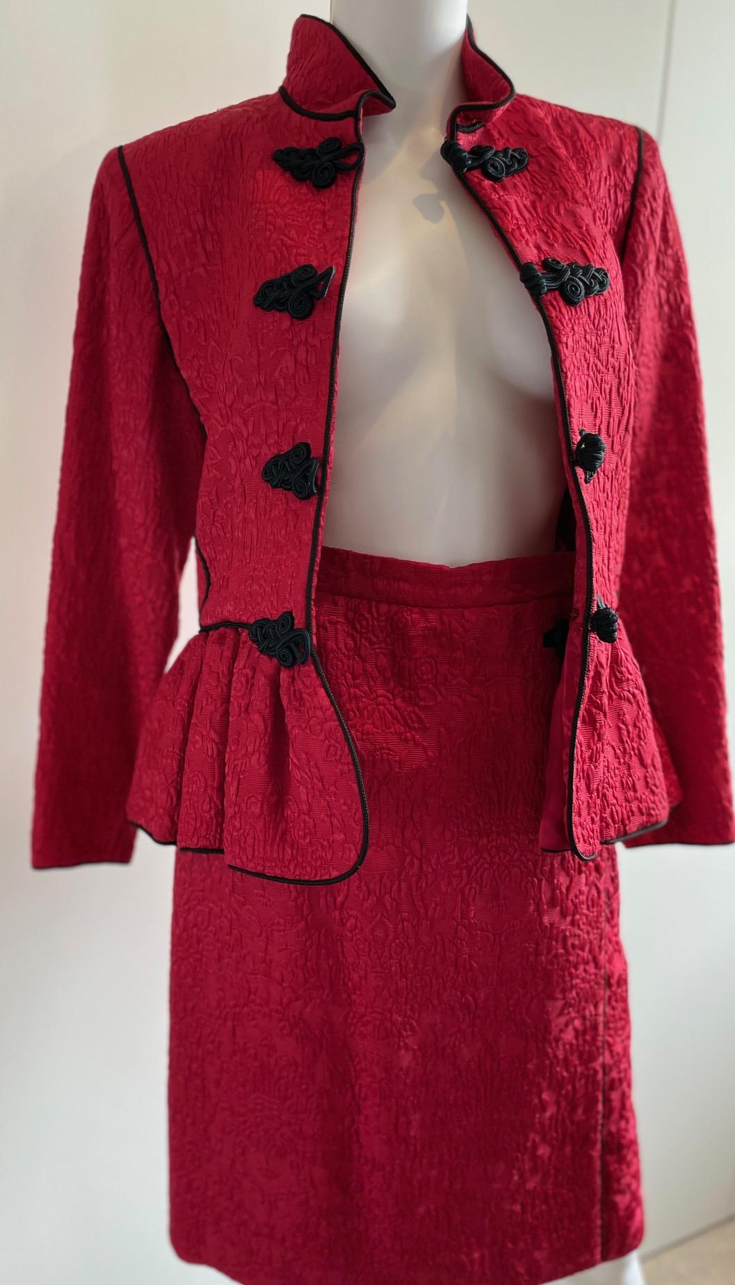 YVES SAINT LAURENT Brocade Jacket Skirt Red Suit 