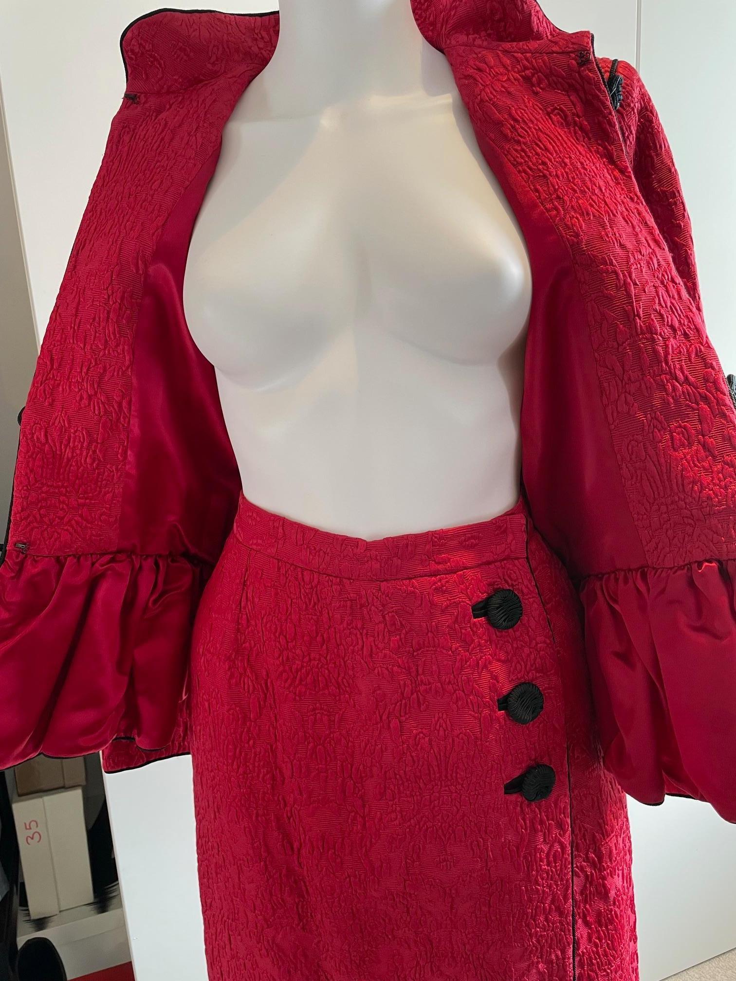 YVES SAINT LAURENT Brocade Jacket Skirt Red Suit 
