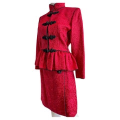 Retro YVES SAINT LAURENT Brocade Jacket Skirt Red Suit "Les Chinoises" Collection 1977