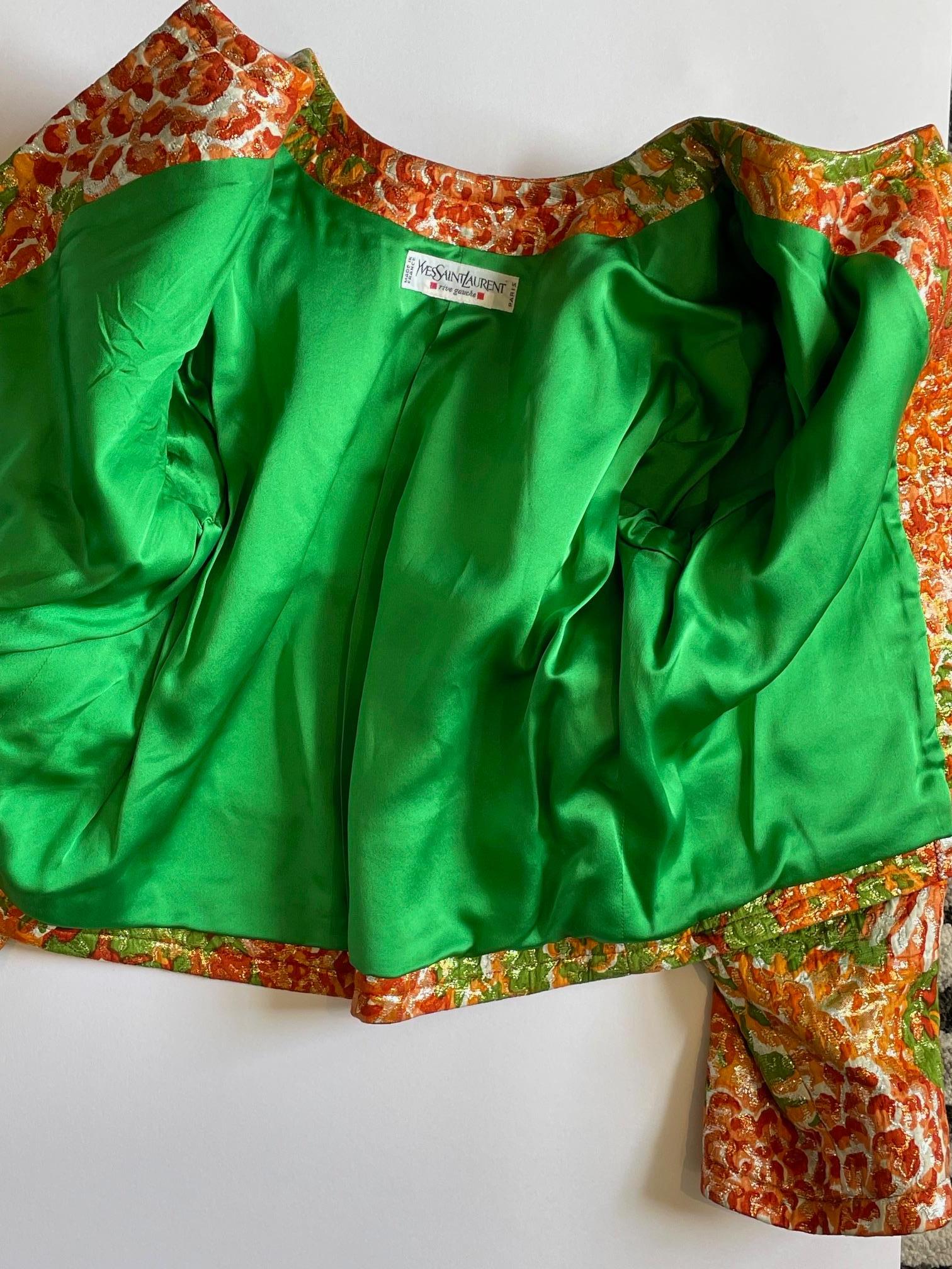 YVES SAINT LAURENT Silk Brocade Lamé Jacket Floral Skirt Suit Runway 1989 For Sale 6