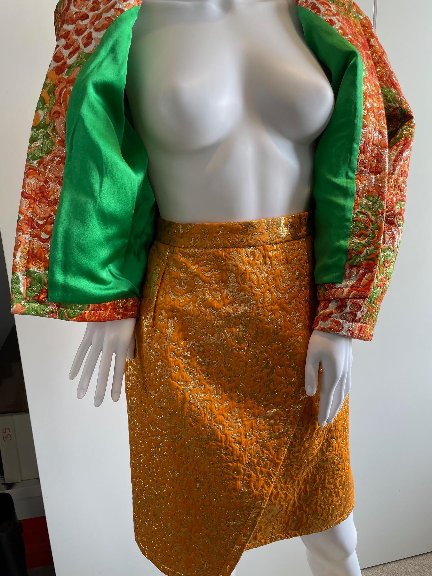 YVES SAINT LAURENT Silk Brocade Lamé Jacket Floral Skirt Suit Runway 1989 For Sale 7