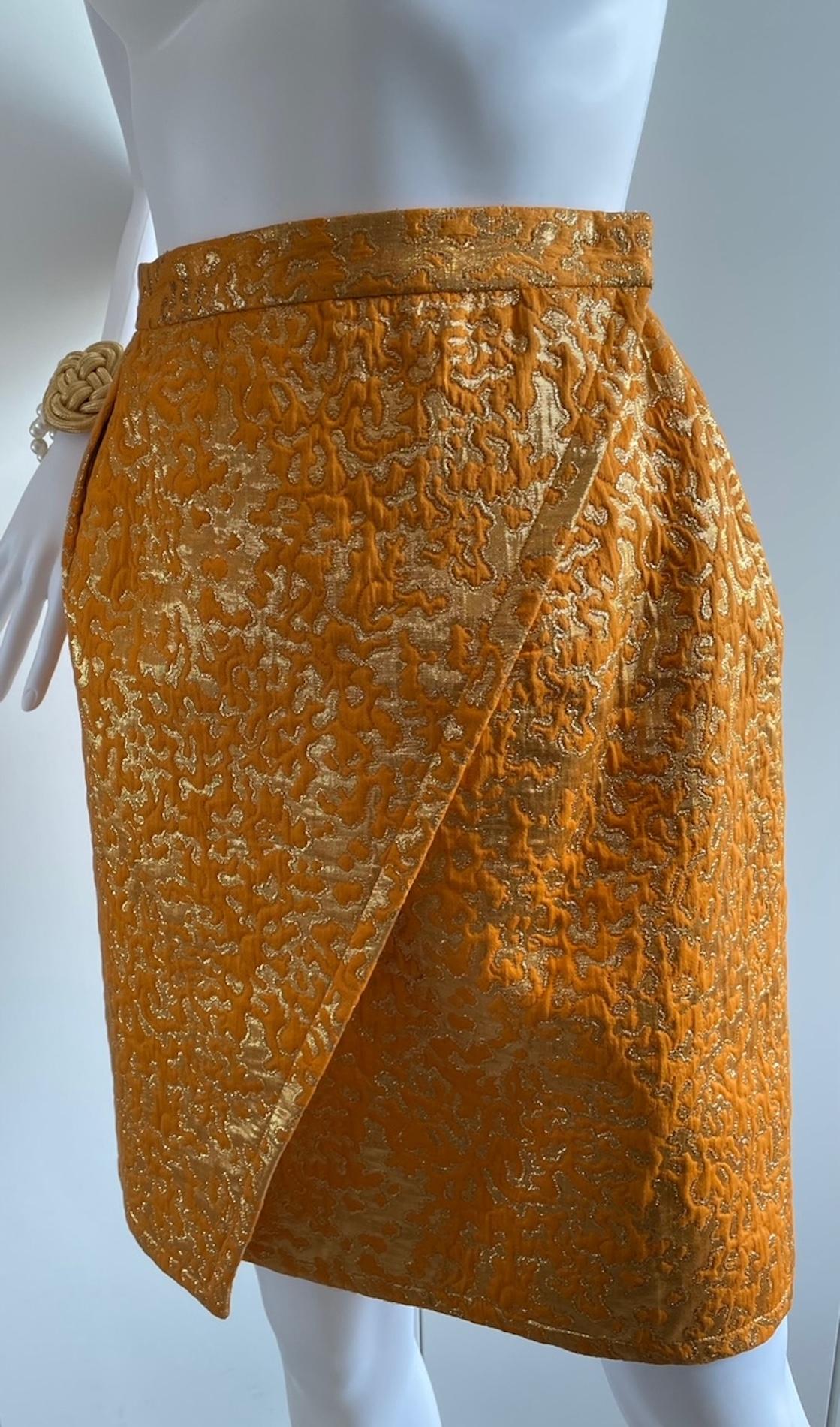 YVES SAINT LAURENT Silk Brocade Lamé Jacket Floral Skirt Suit Runway 1989 For Sale 11