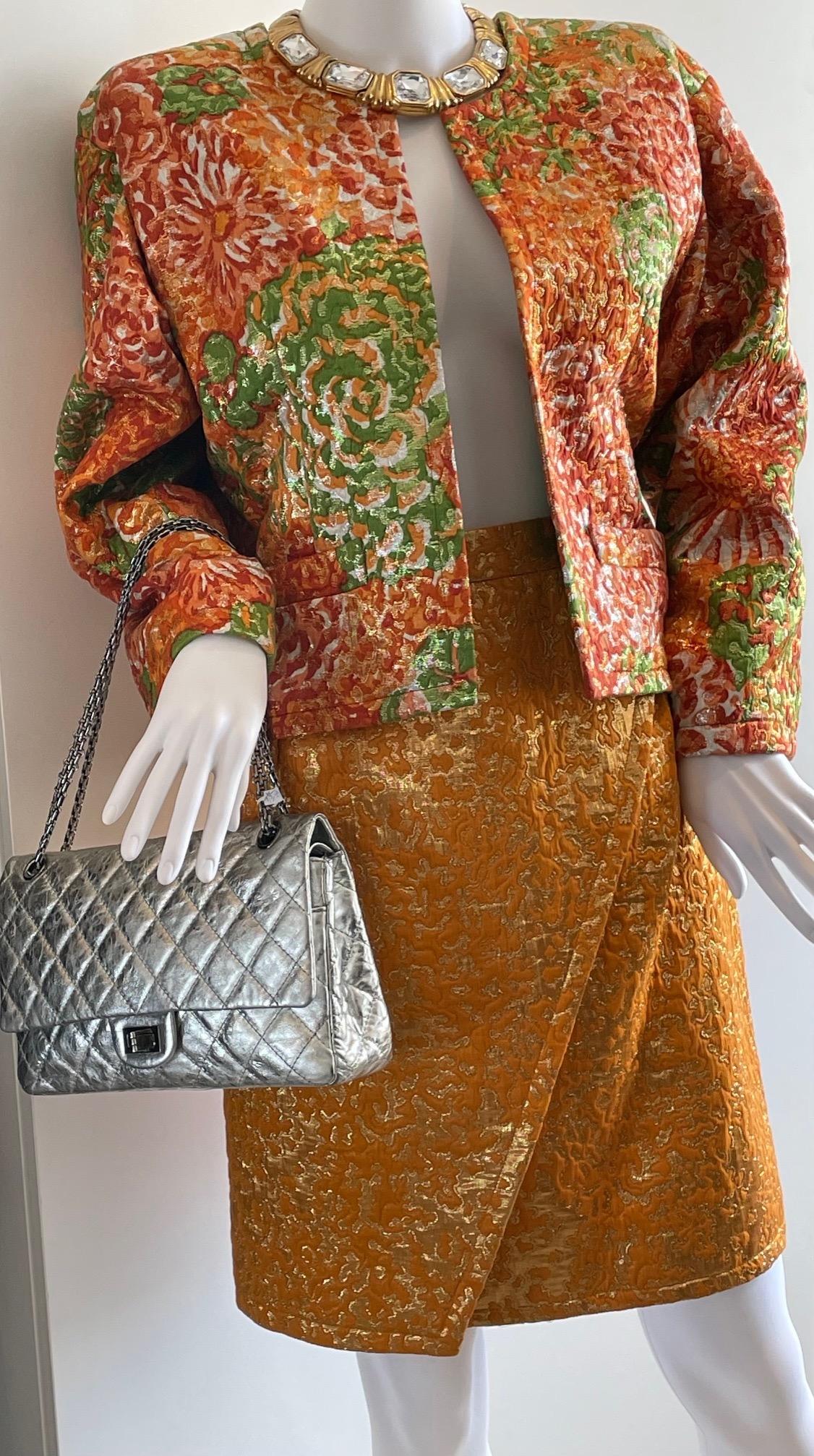 Brown YVES SAINT LAURENT Silk Brocade Lamé Jacket Floral Skirt Suit Runway 1989 For Sale