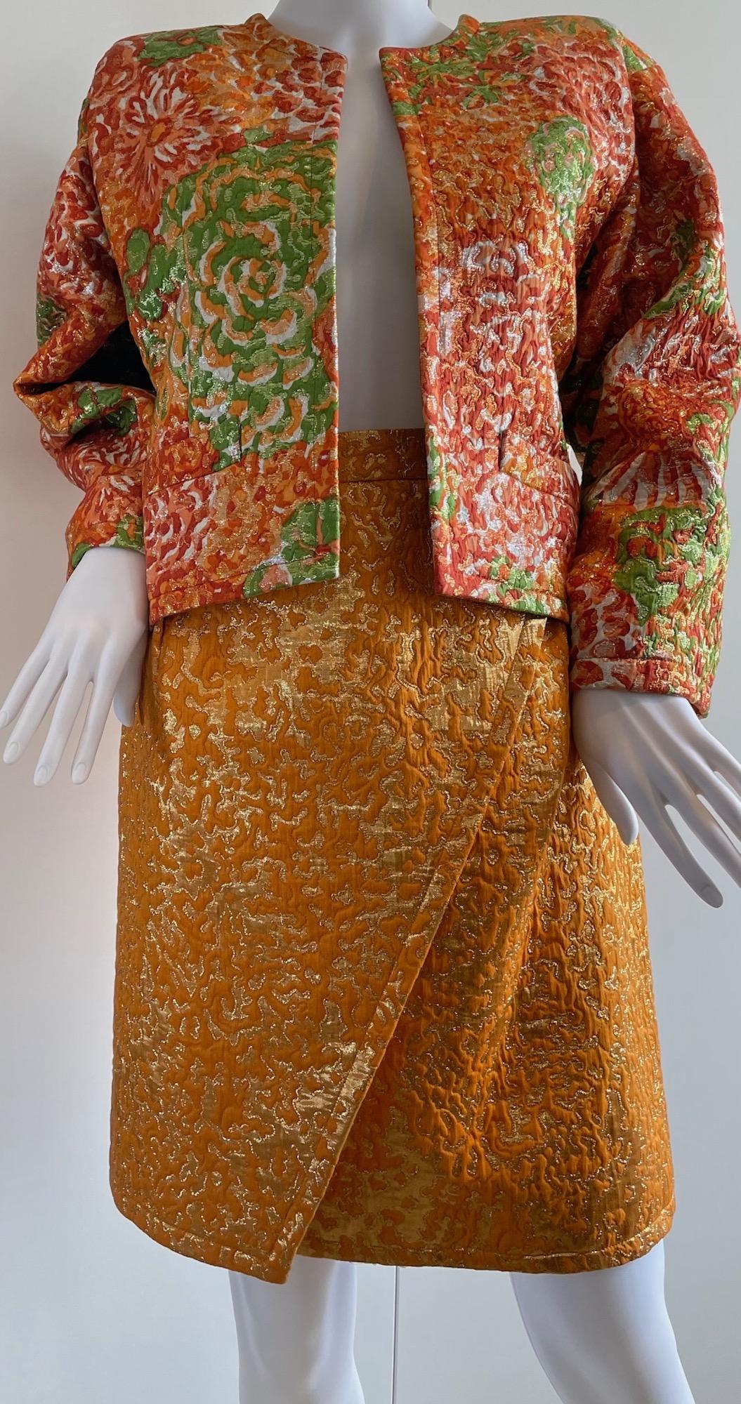 YVES SAINT LAURENT Silk Brocade Lamé Jacket Floral Skirt Suit Runway 1989 In Excellent Condition For Sale In London, GB