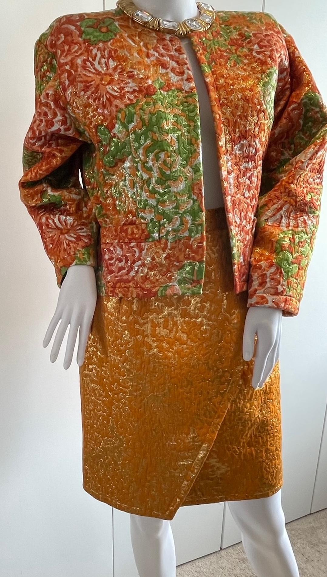 Women's YVES SAINT LAURENT Silk Brocade Lamé Jacket Floral Skirt Suit Runway 1989 For Sale
