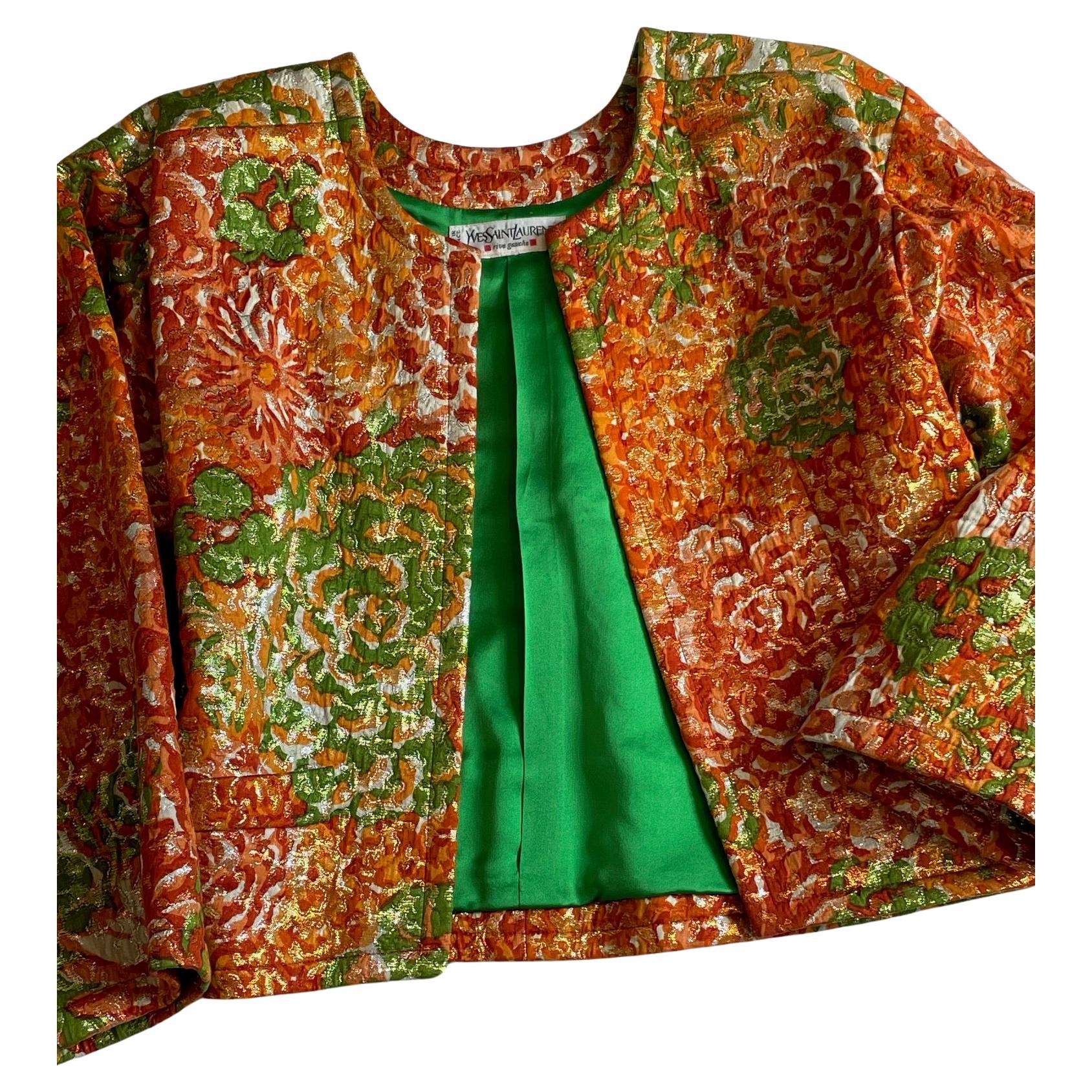 YVES SAINT LAURENT Silk Brocade Lamé Jacket Floral Skirt Suit Runway 1989 For Sale 2
