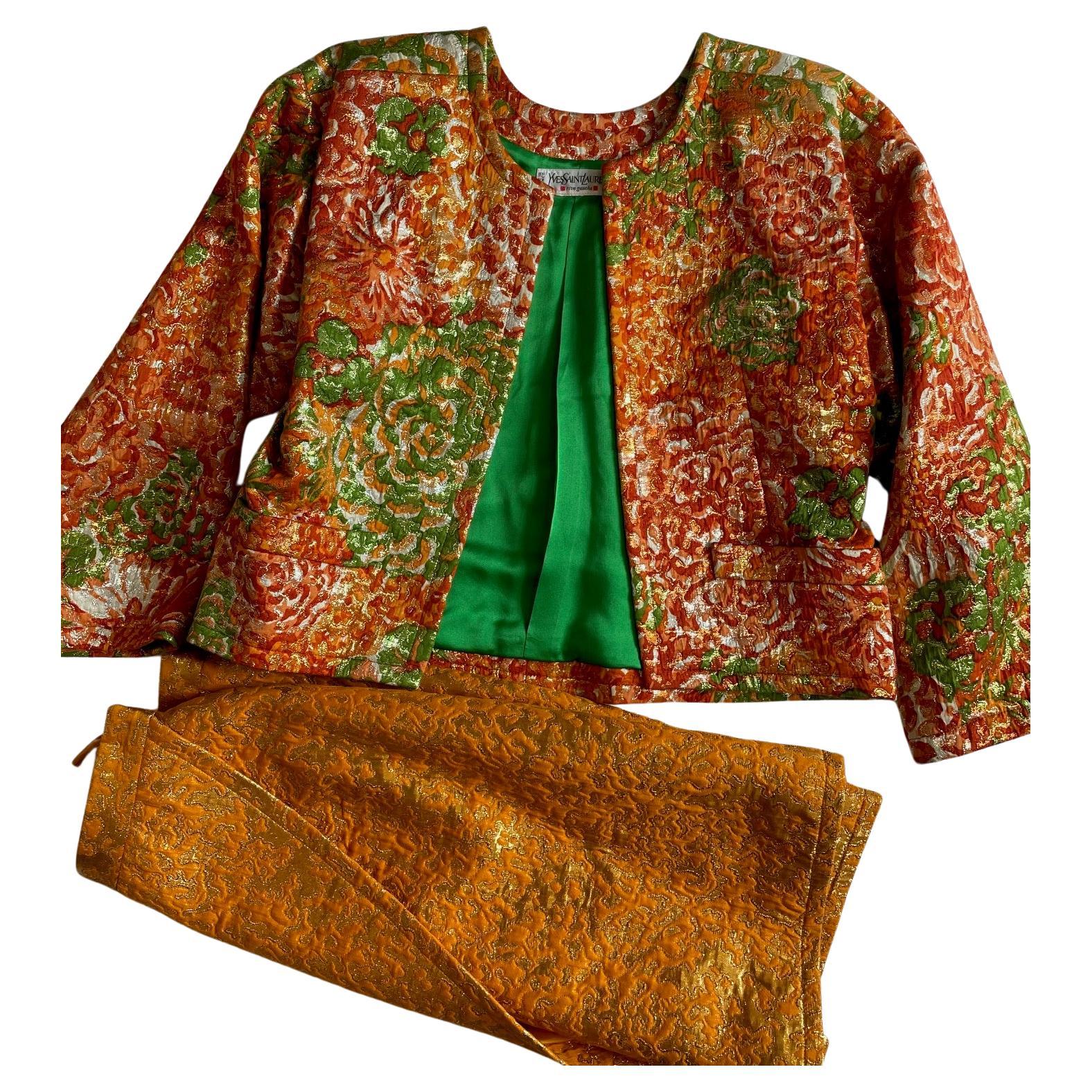 YVES SAINT LAURENT Silk Brocade Lamé Jacket Floral Skirt Suit Runway 1989 For Sale 3