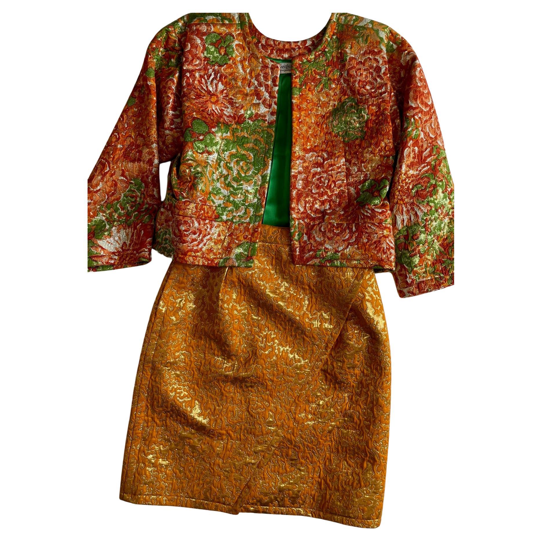 YVES SAINT LAURENT Silk Brocade Lamé Jacket Floral Skirt Suit Runway 1989 For Sale 4