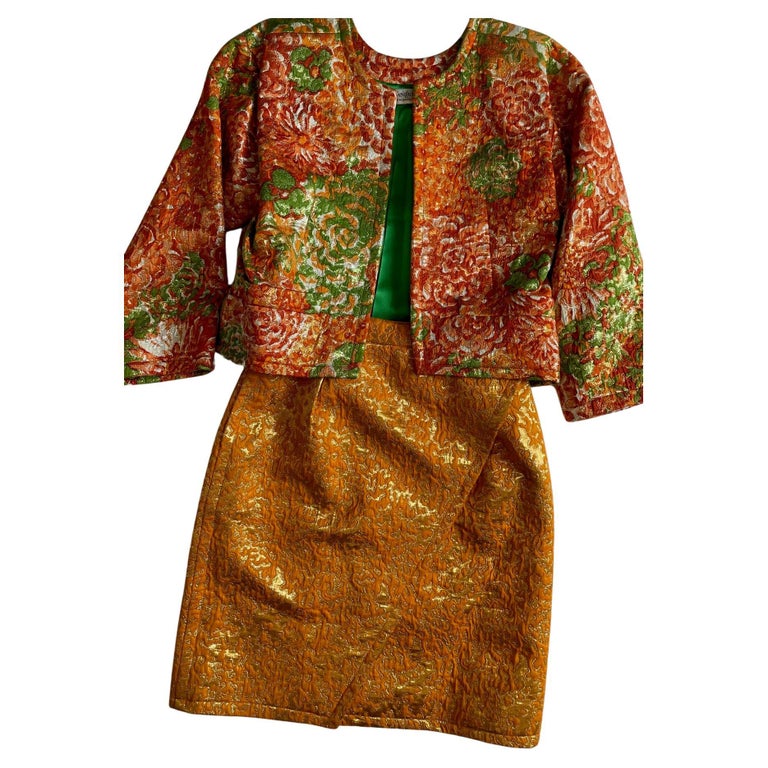 YVES SAINT LAURENT Silk Brocade Lamé Jacket Floral Skirt Suit