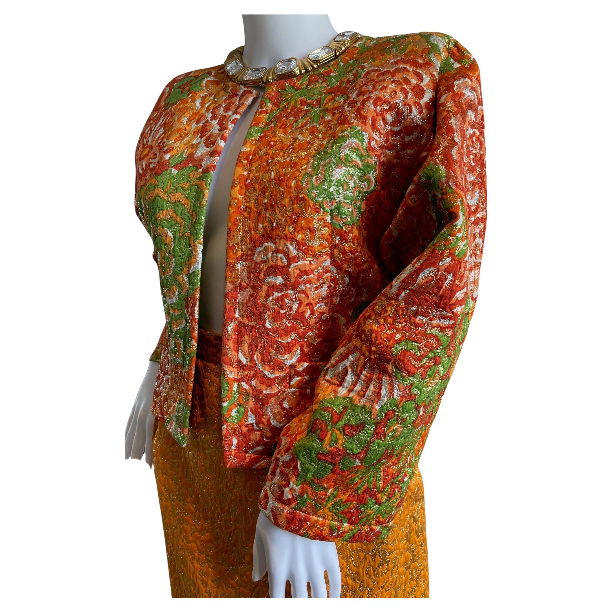 YVES SAINT LAURENT Silk Brocade Lamé Jacket Floral Skirt Suit Runway 1989 For Sale