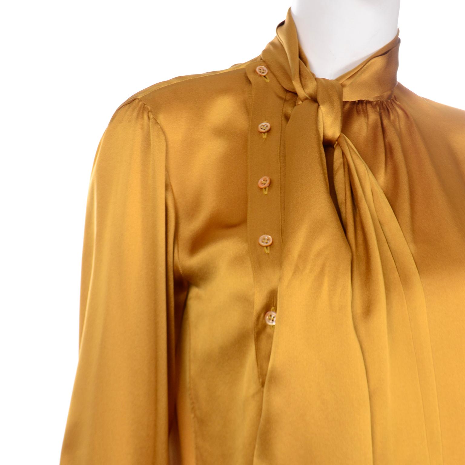 Yves Saint Laurent Silk Charmeuse Gold Blouse w Sash & Belt For Sale 6