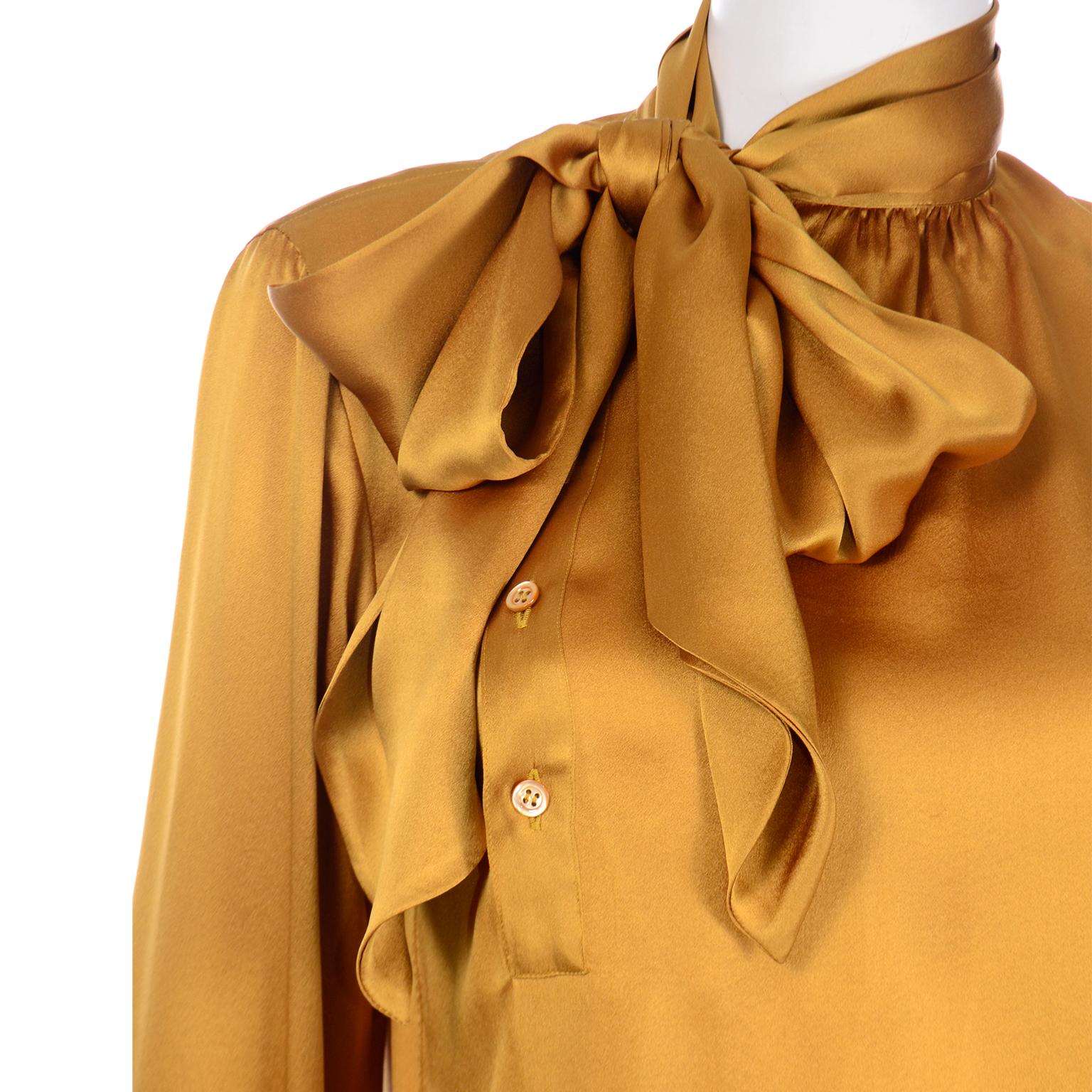 Yves Saint Laurent Silk Charmeuse Gold Blouse w Sash & Belt For Sale 7