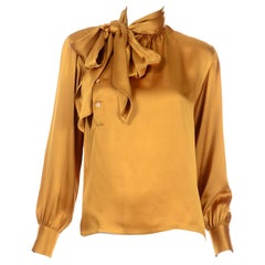 Vintage Yves Saint Laurent Silk Charmeuse Gold Blouse w Sash & Belt