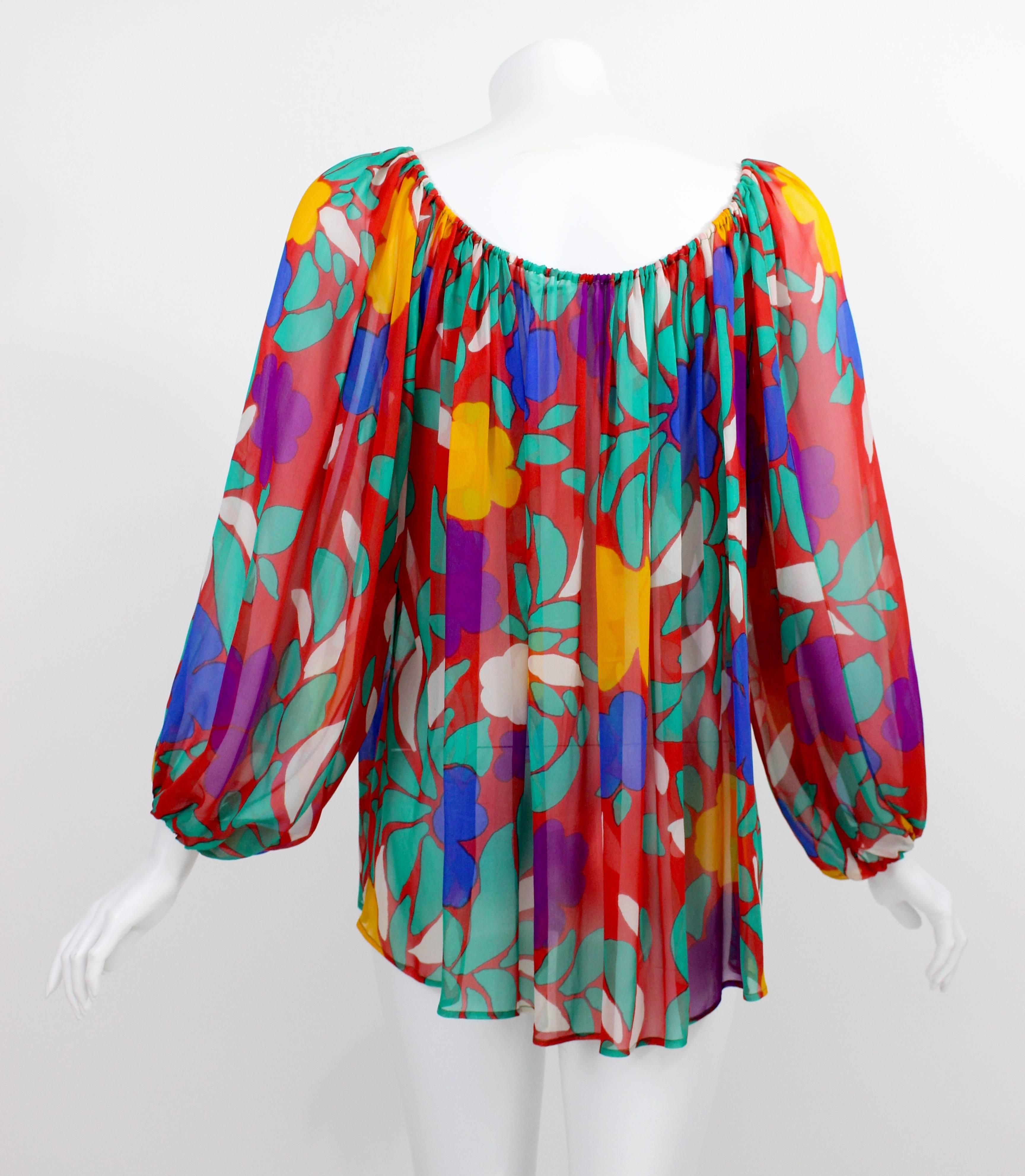 Brown Yves Saint Laurent Silk Chiffon Colorful Floral Print Blouse Documented YSL 1979 For Sale