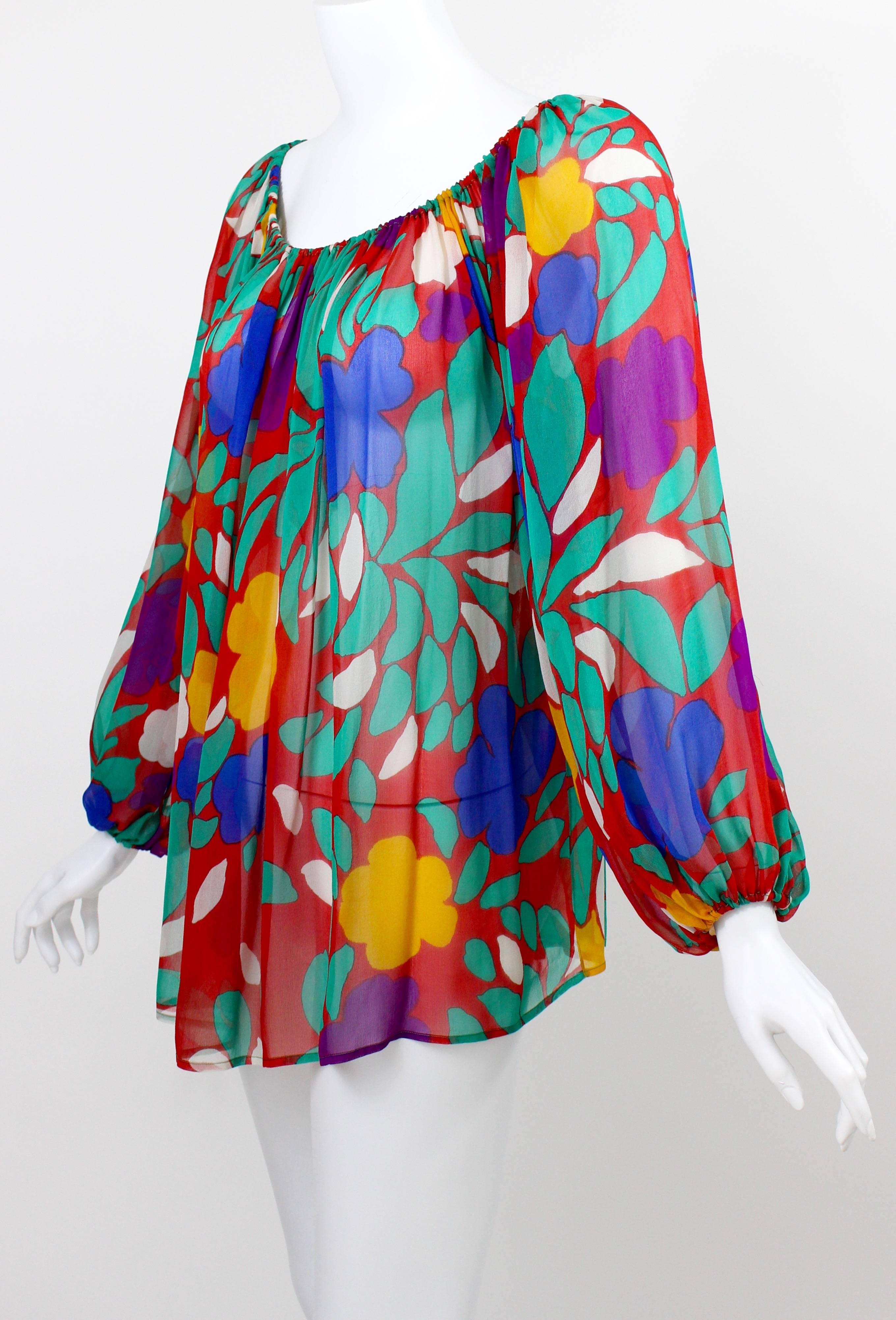 Yves Saint Laurent Silk Chiffon Colorful Floral Print Blouse Documented YSL 1979 In Excellent Condition For Sale In Boca Raton, FL