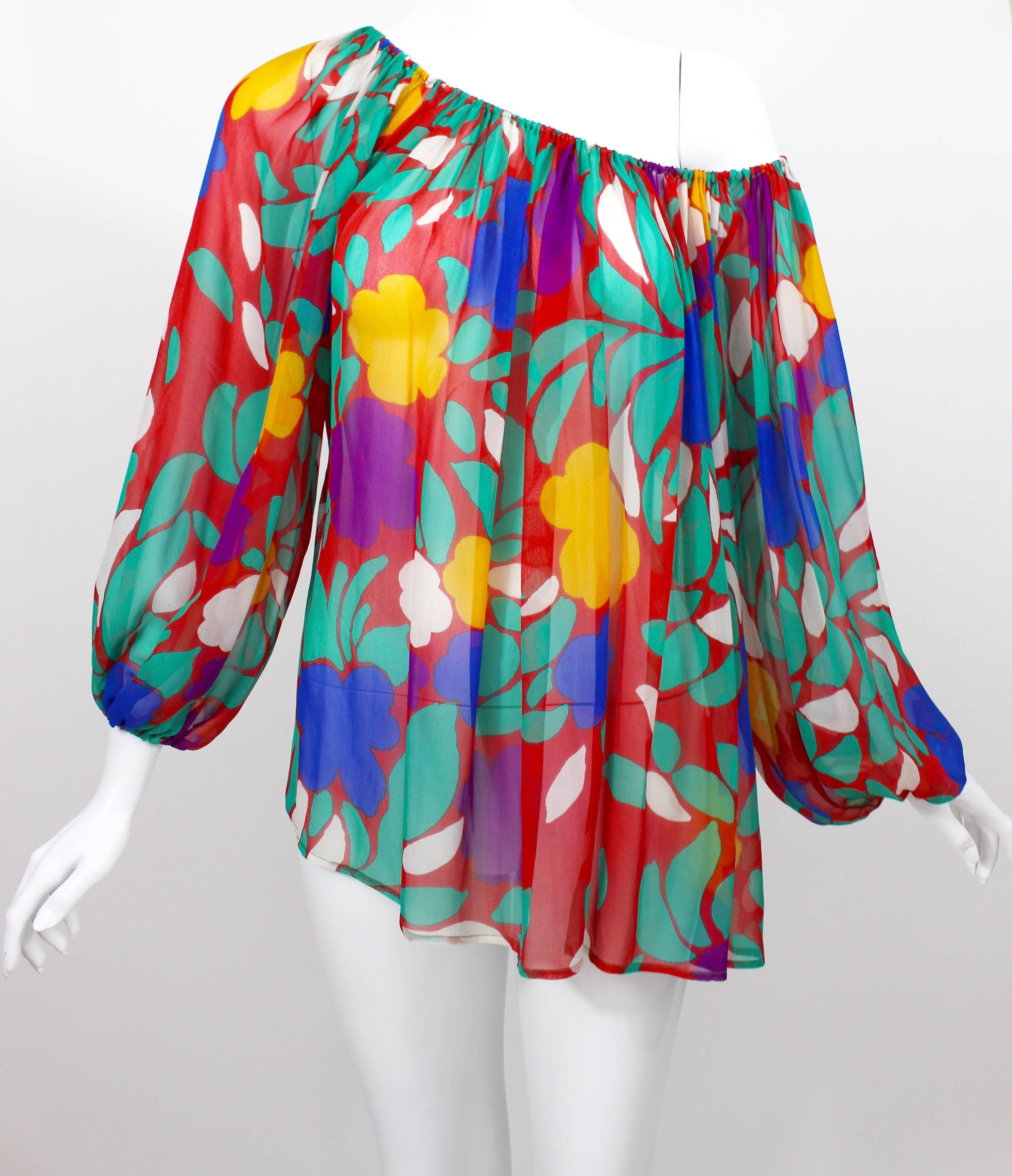 Women's Yves Saint Laurent Silk Chiffon Colorful Floral Print Blouse Documented YSL 1979 For Sale