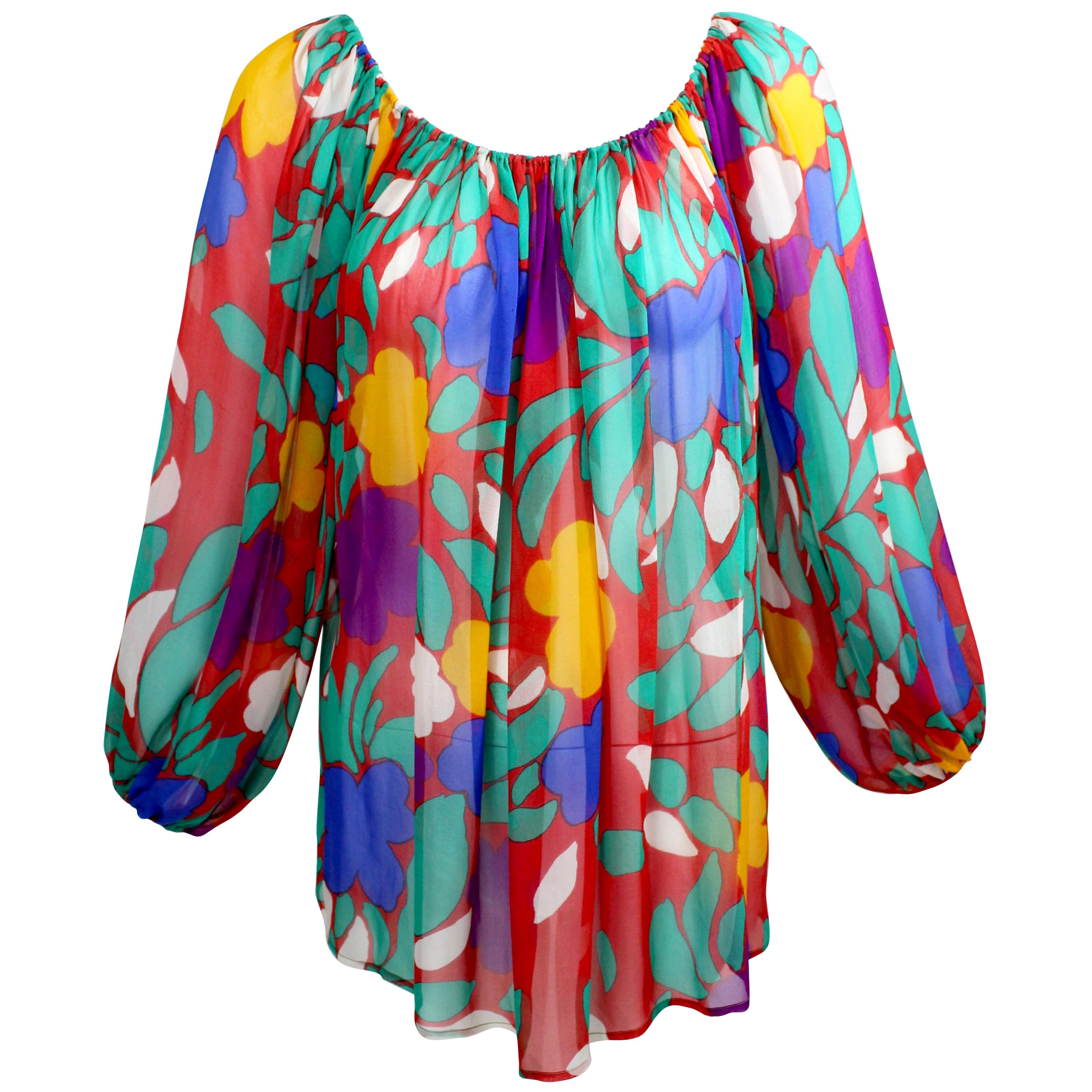 Yves Saint Laurent Silk Chiffon Colorful Floral Print Blouse Documented YSL 1979 For Sale