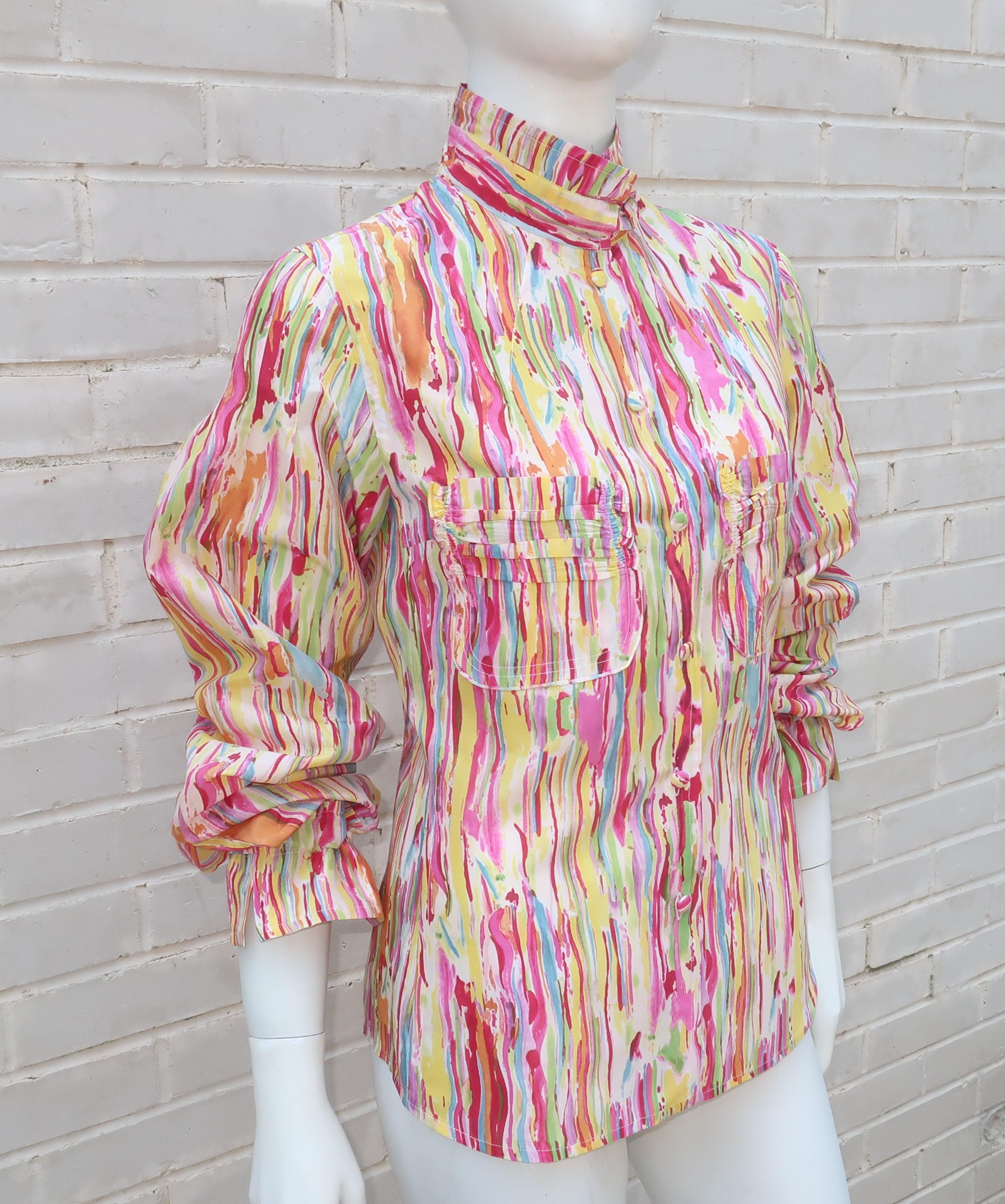 Yves Saint Laurent Silk Multi Color Blouse In Good Condition For Sale In Atlanta, GA