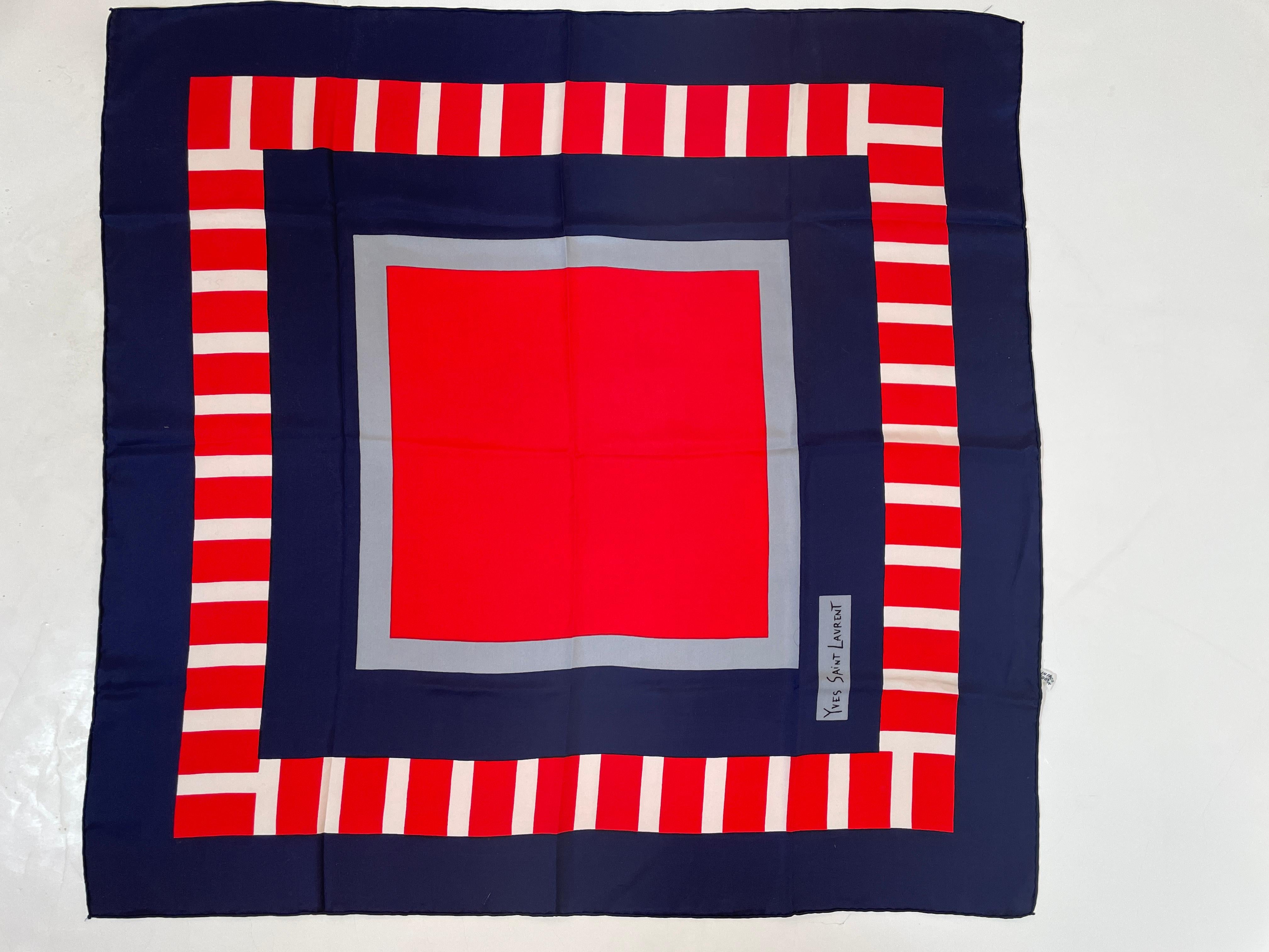 Yves Saint Laurent Silk Scarf Blue and Red Abstract 1980s For Sale 2