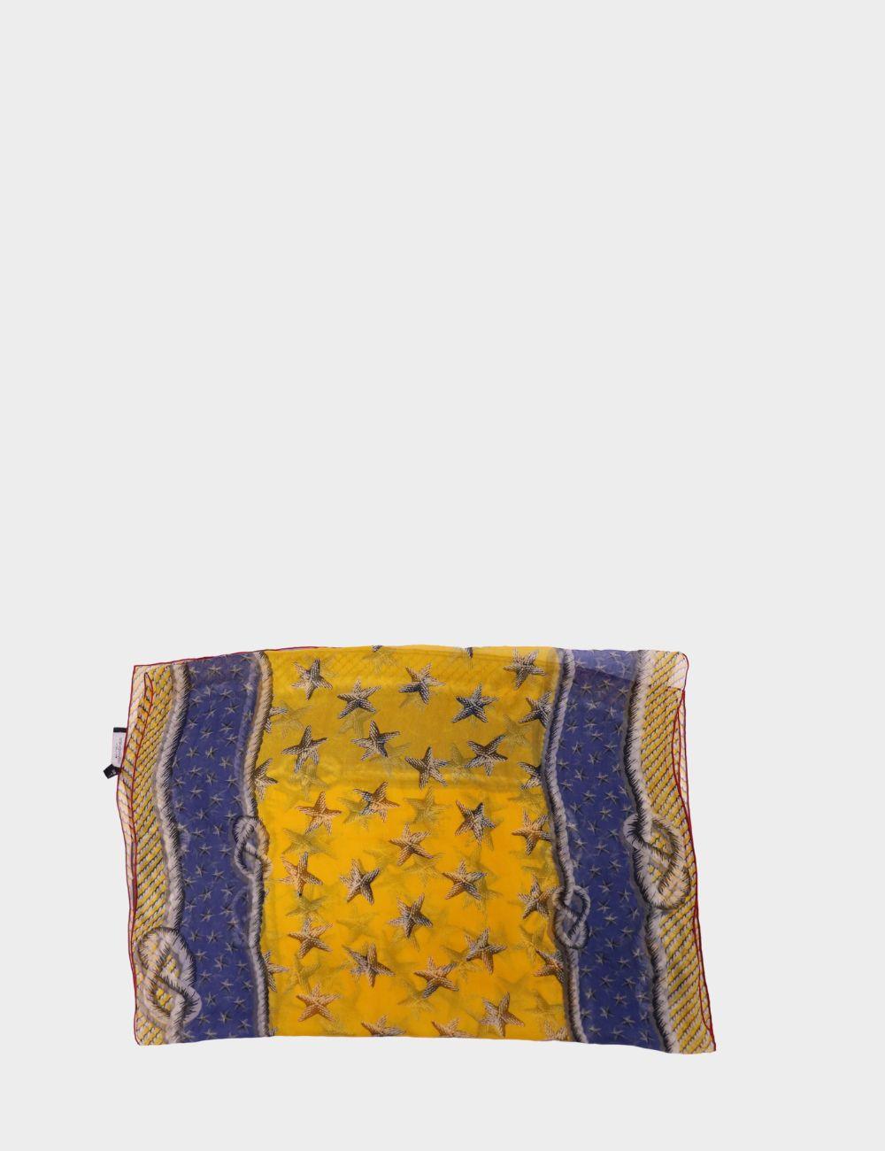 Infuse your wardrobe with bold elegance using this vintage Yves Saint Laurent silk scarf, featuring a vibrant yellow and royal blue color palette with intricate star motifs and nautical rope detailing. Crafted from luxurious silk, this timeless
