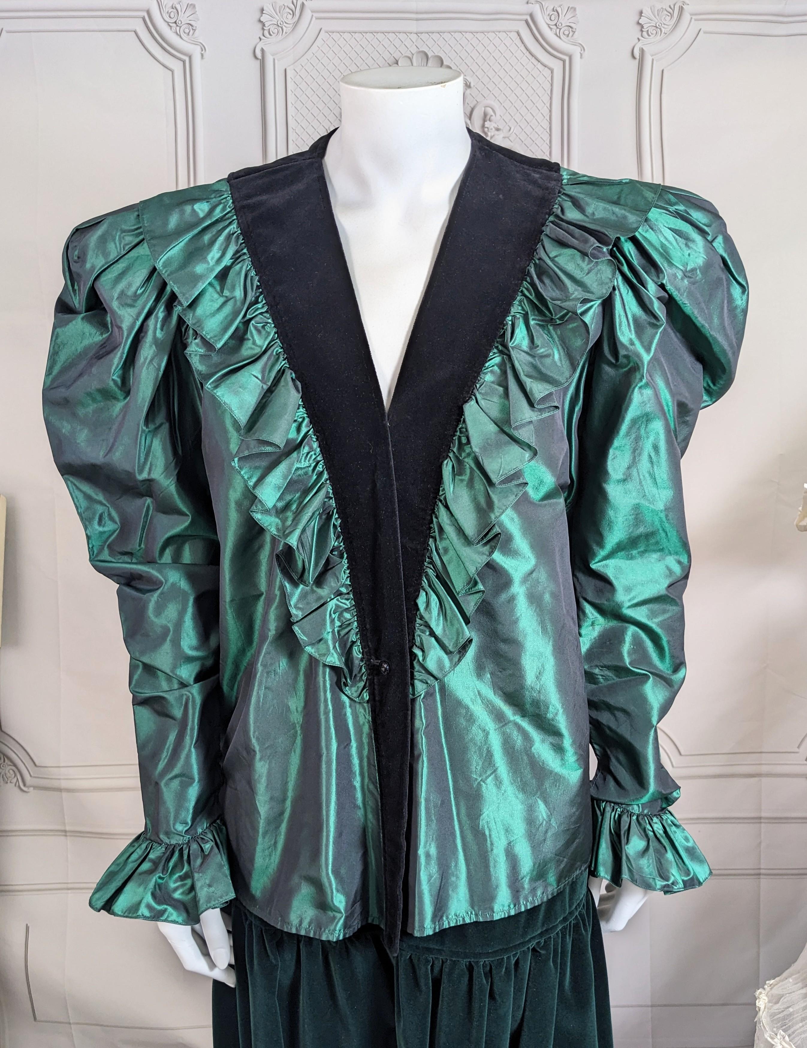 Yves Saint Laurent Silk Taffeta Velvet Blouse, Russian Collection. Changeant silk taffeta blouse with massive gathered sleeves and ruffle trimmed cotton velvet placket which closes with one jet button and snaps. Wonderful versatile piece can mixed