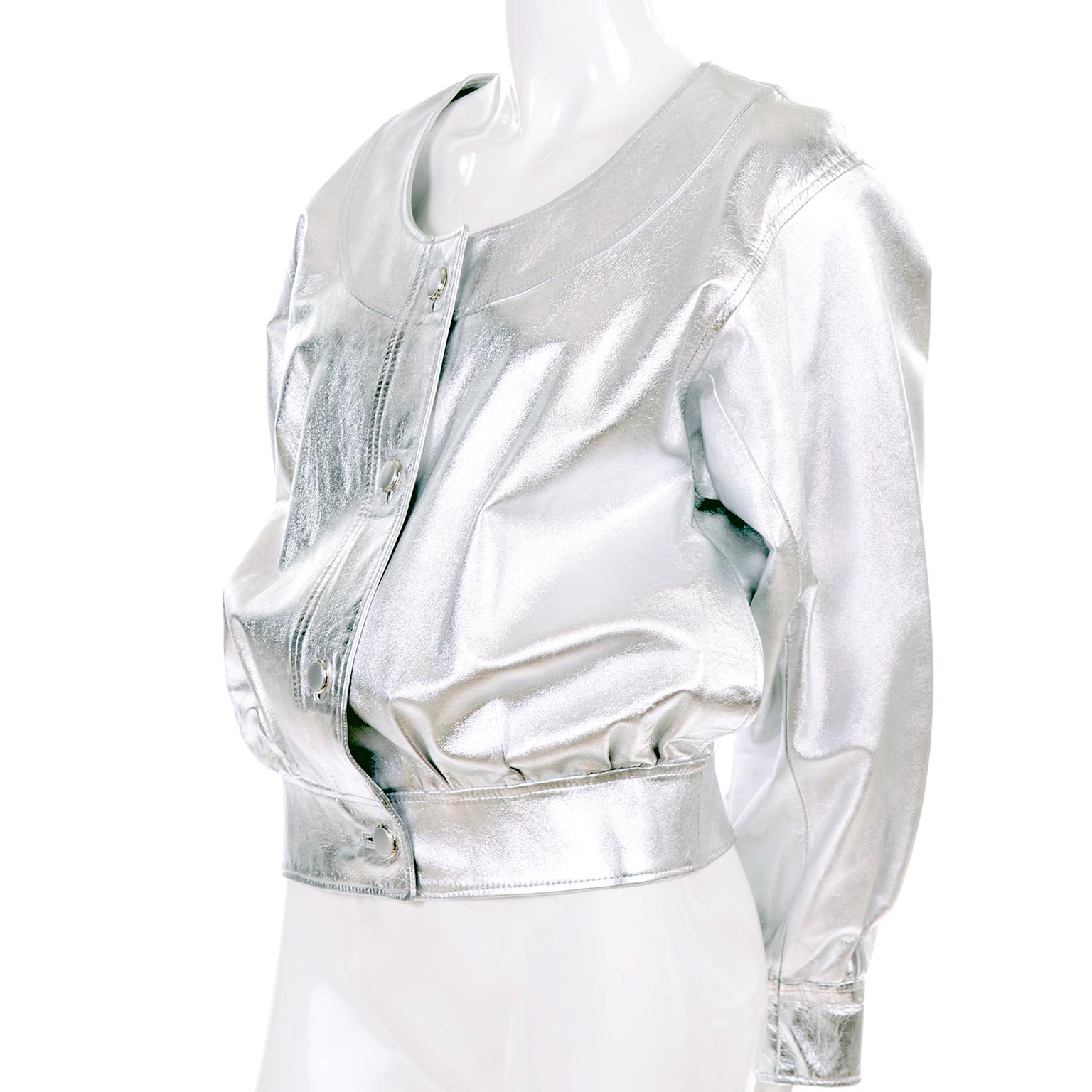 Yves Saint Laurent Silver Leather YSL Vintage Jacket In Excellent Condition For Sale In Portland, OR