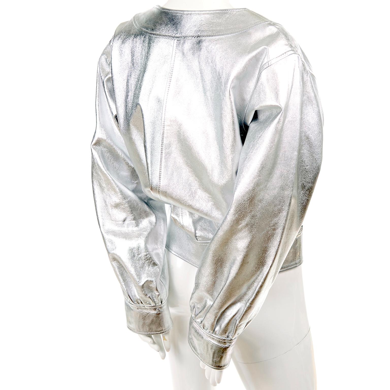Yves Saint Laurent Silver Leather YSL Vintage Jacket For Sale 1