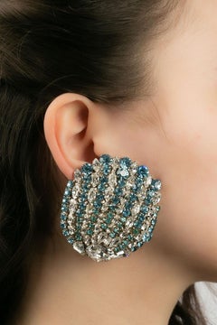 Yves Saint Laurent Silver Plated Blue and White Rhinestones Earrings