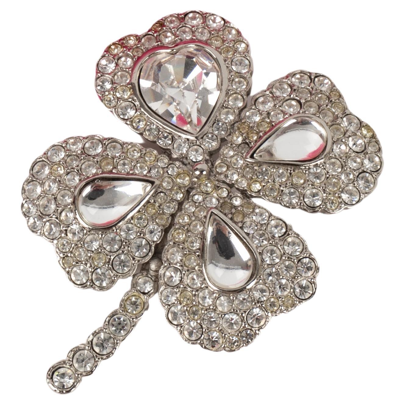 Yves Saint Laurent Silvery Metal Pendant Brooch Ornamented with Rhinestones For Sale