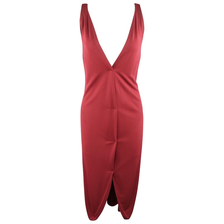 YVES SAINT LAURENT Size 14 Burgundy Viscose Blend V Neck Shift