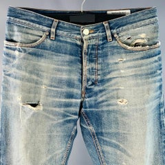 YVES SAINT LAURENT Talla 32 Azul Algodón Envejecido Vaqueros rectos Slim Button Fly