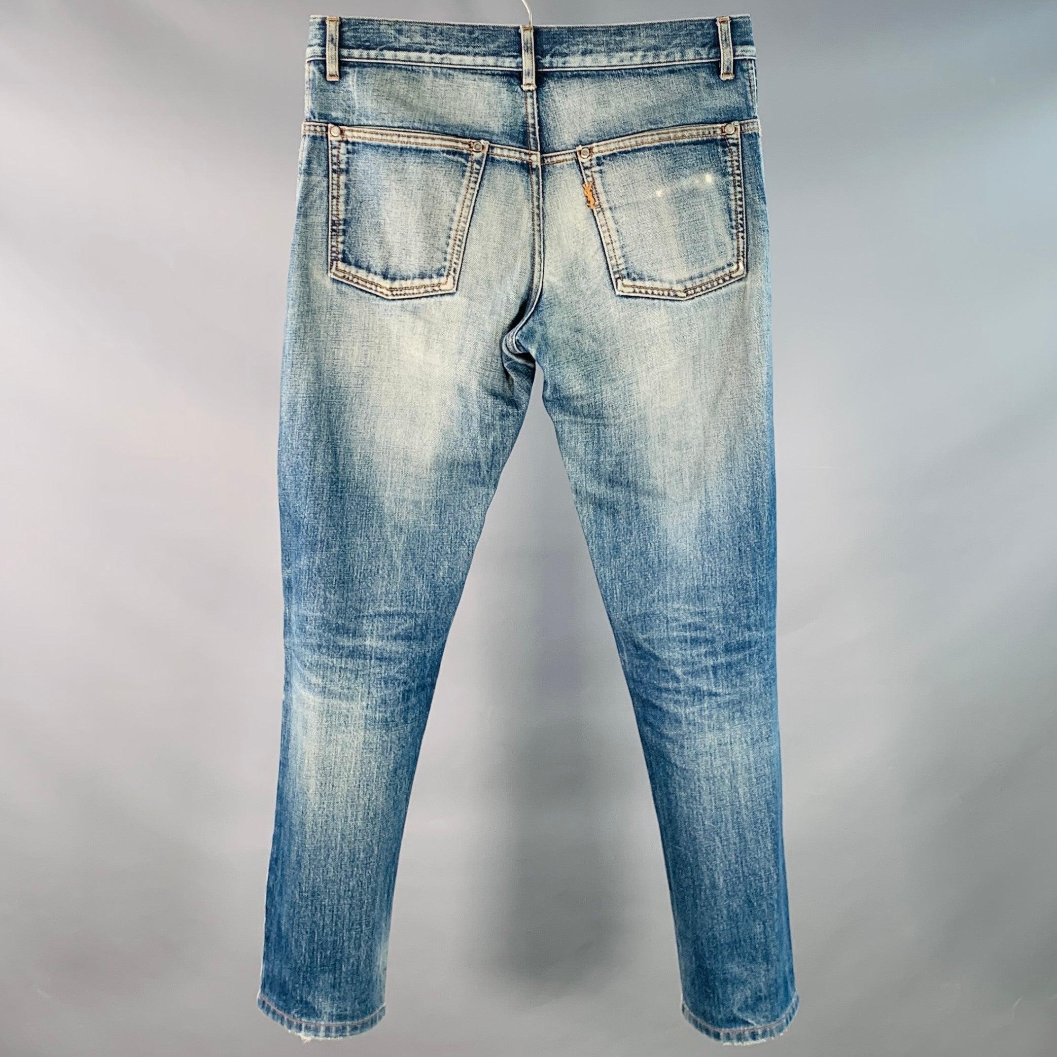 YVES SAINT LAURENT Talla 32 Azul Algodón Envejecido Vaqueros rectos Slim Button Fly Gris en venta