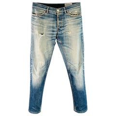 YVES SAINT LAURENT Size 32 Blue Distressed Cotton Slim Straight Button Fly Jeans