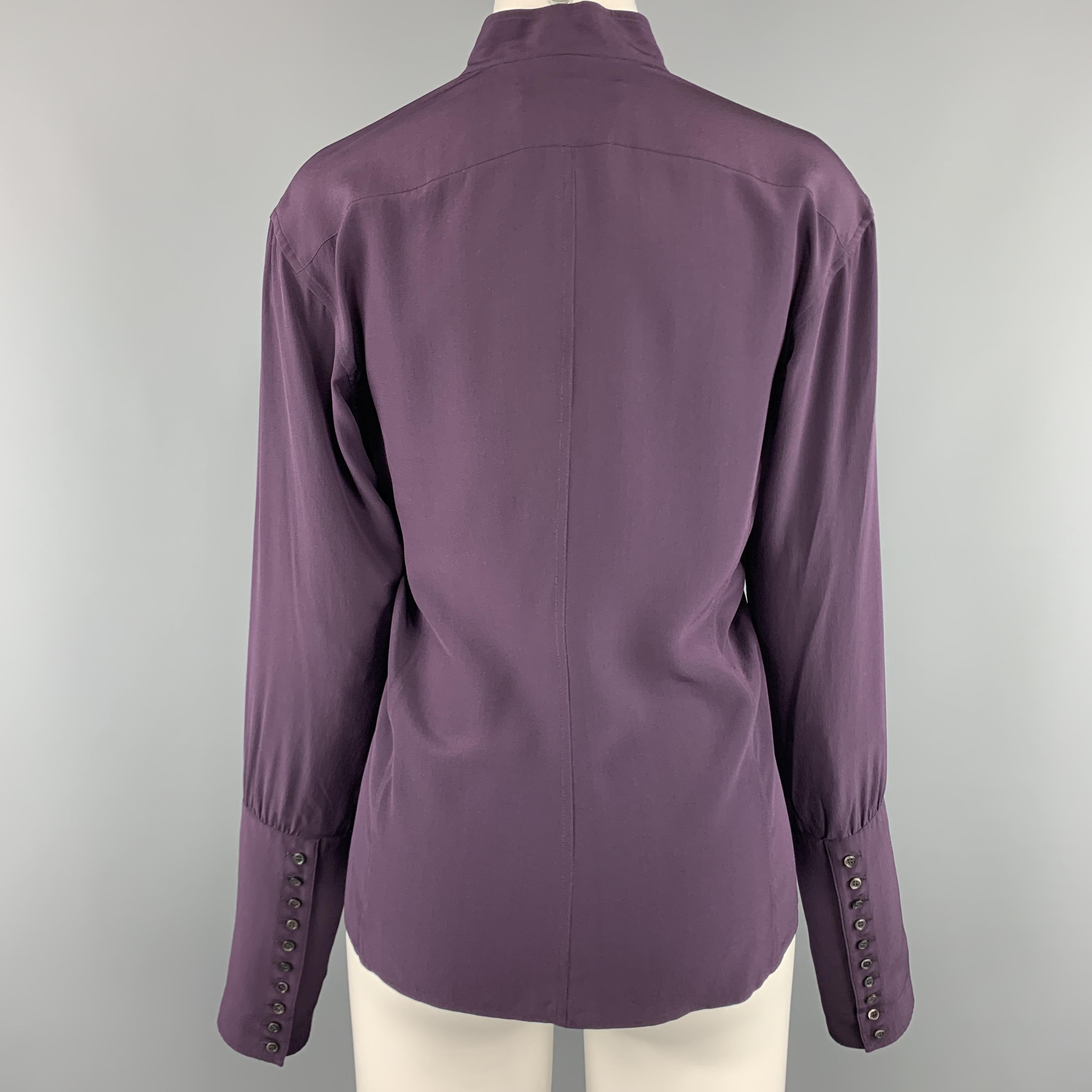 Black YVES SAINT LAURENT Size 4 Purple Silk Band Collar Long Cuff Blouse