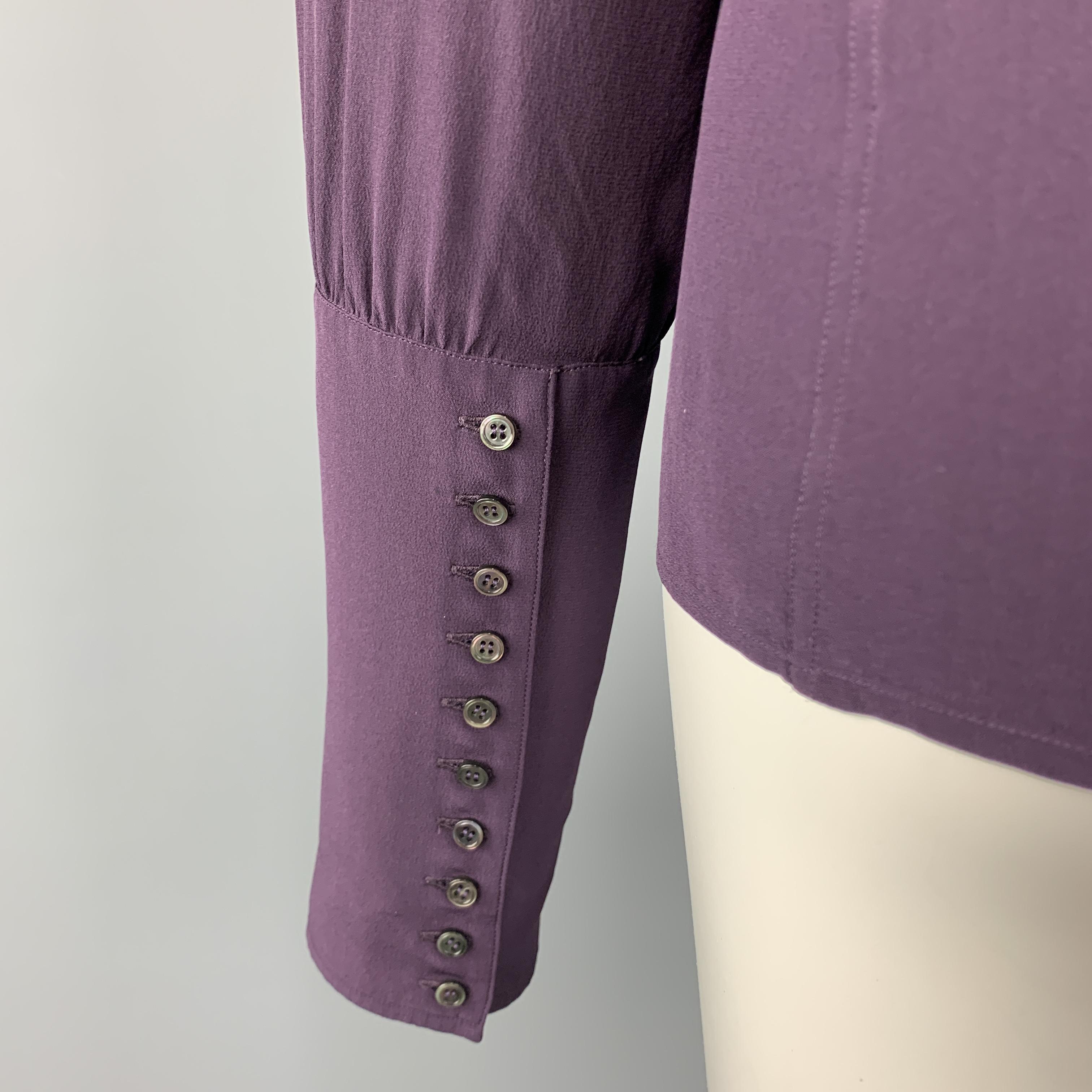 YVES SAINT LAURENT Size 4 Purple Silk Band Collar Long Cuff Blouse In Excellent Condition In San Francisco, CA