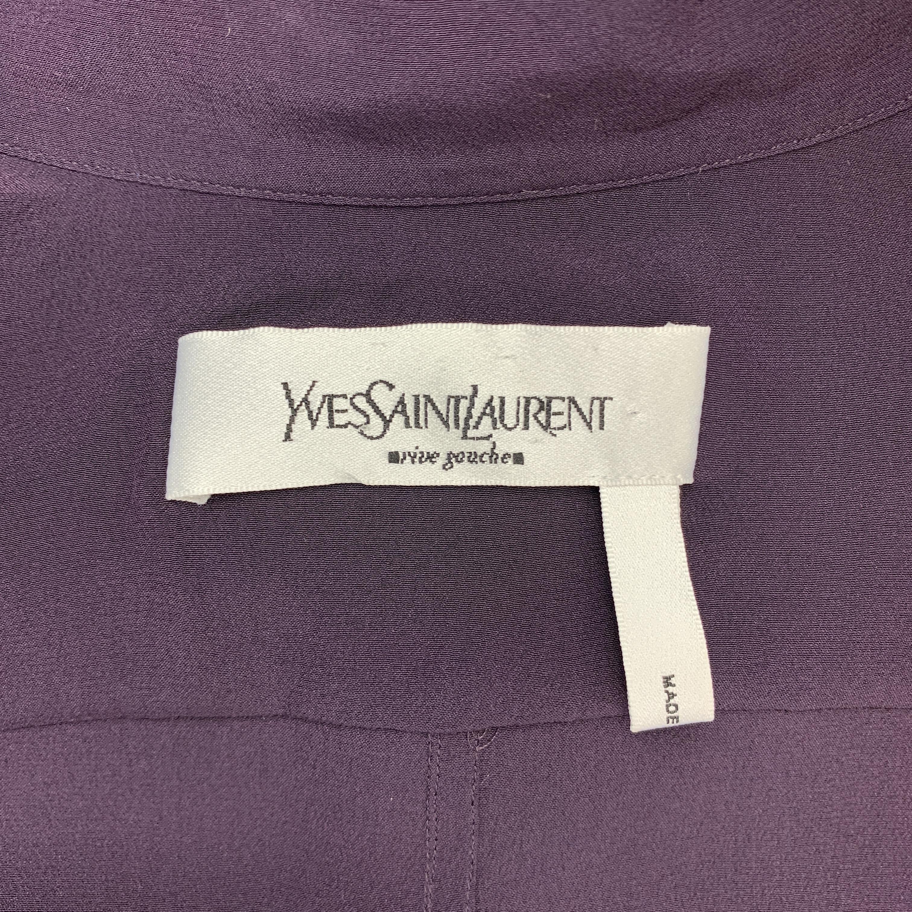 Women's YVES SAINT LAURENT Size 4 Purple Silk Band Collar Long Cuff Blouse