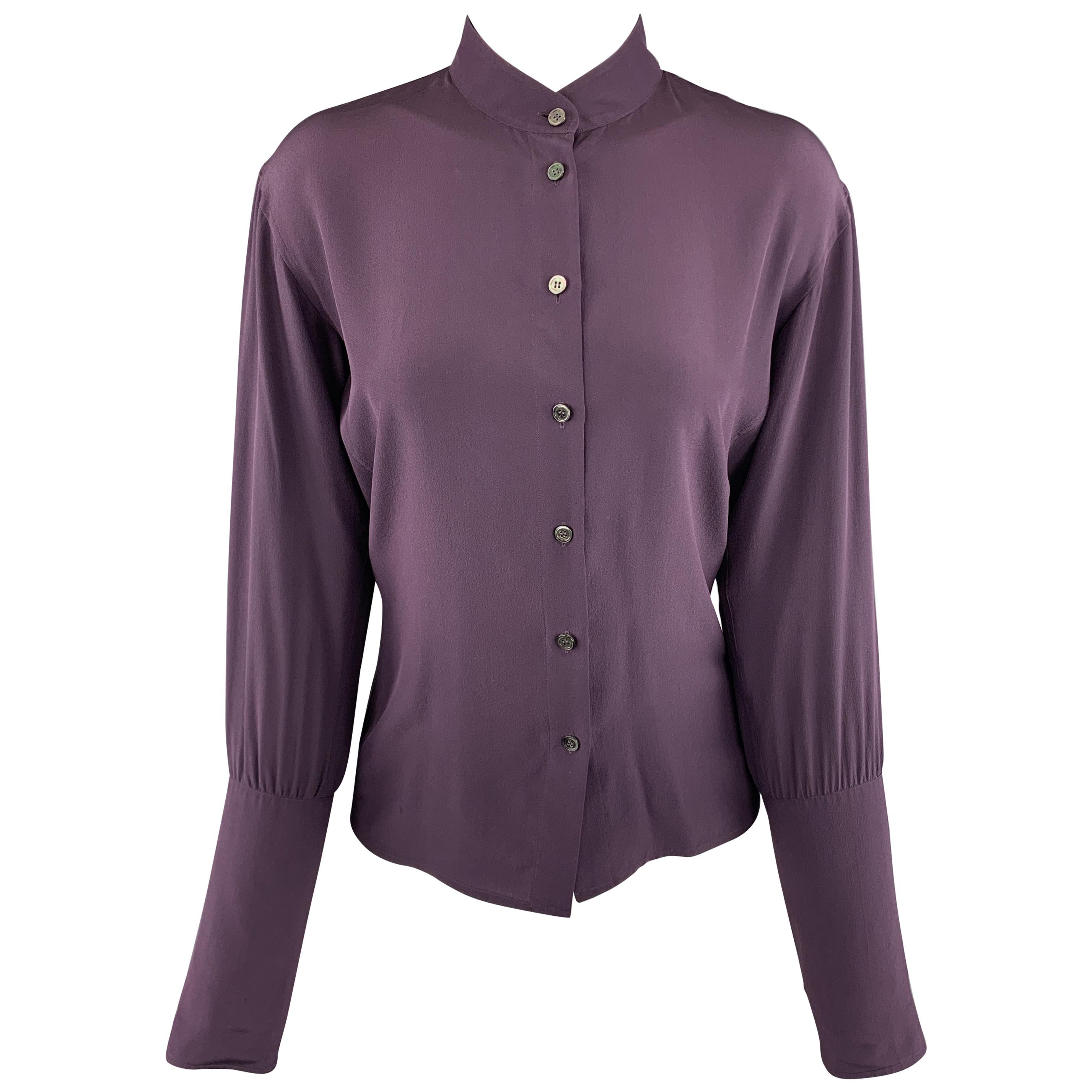 YVES SAINT LAURENT Size 4 Purple Silk Band Collar Long Cuff Blouse