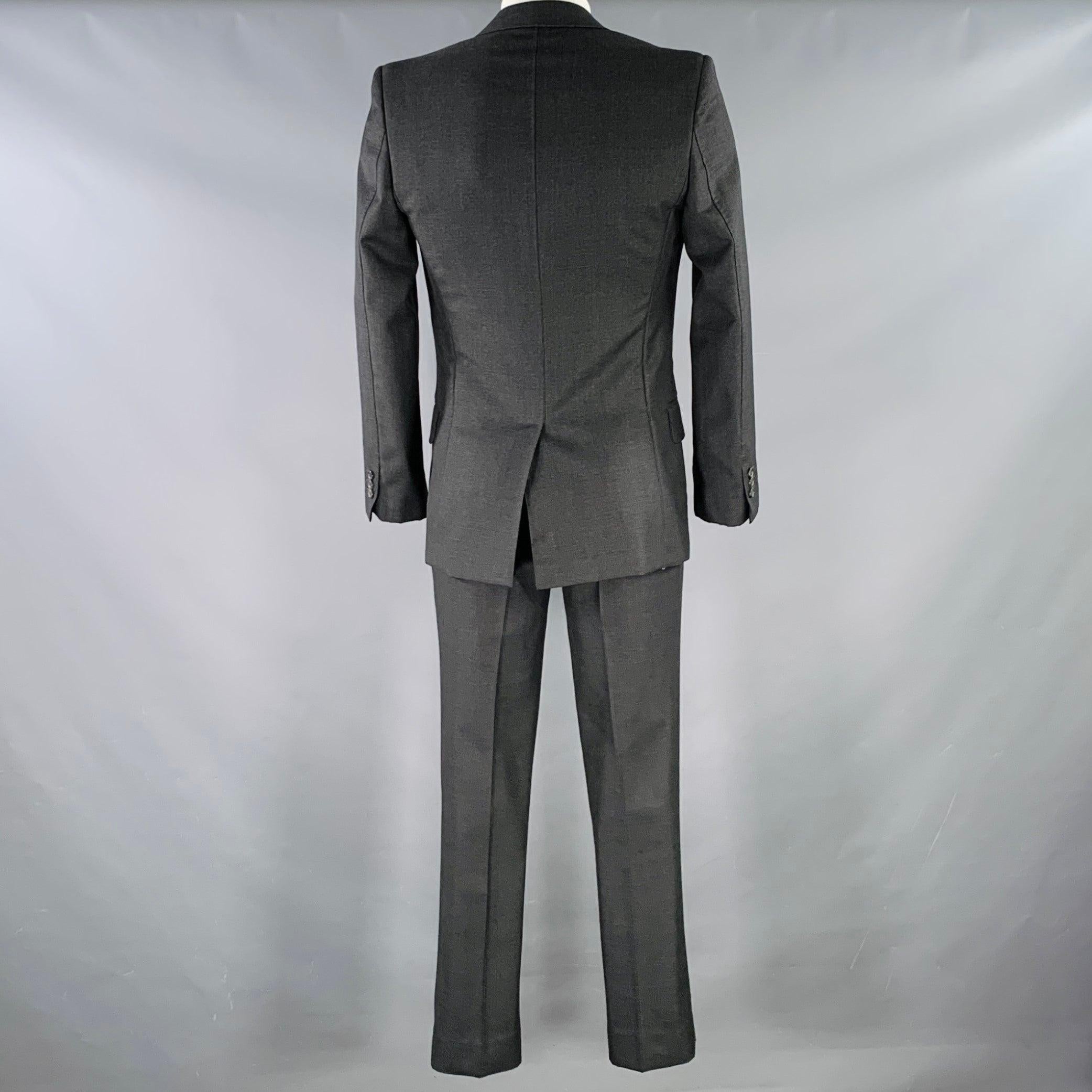 Black YVES SAINT LAURENT Size 42 Long Grey Charcoal Wool Notch Lapel Suit