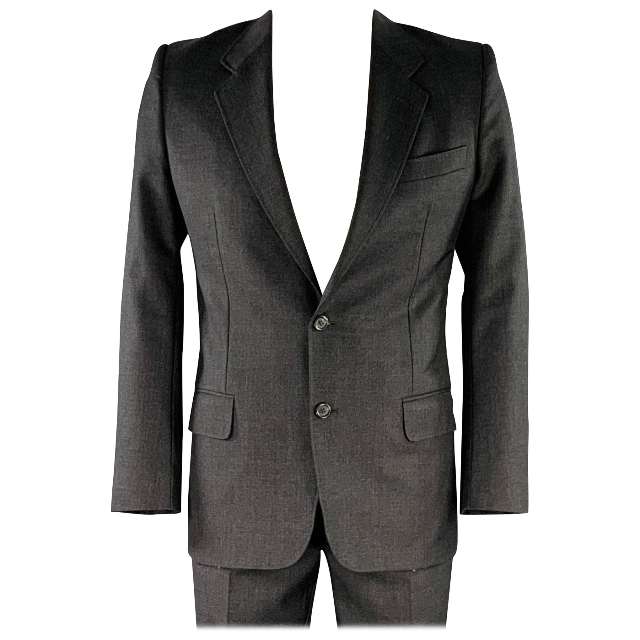 YVES SAINT LAURENT Size 42 Long Grey Charcoal Wool Notch Lapel Suit