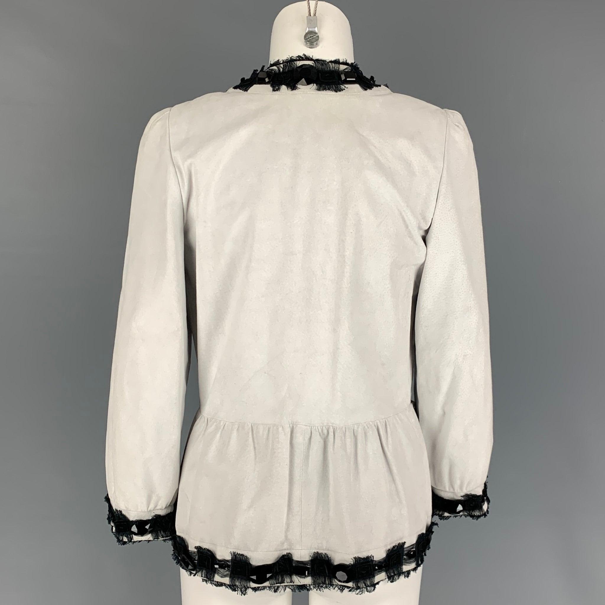YVES SAINT LAURENT Size 6 Off White Black Leather Beaded Jacket In Good Condition In San Francisco, CA