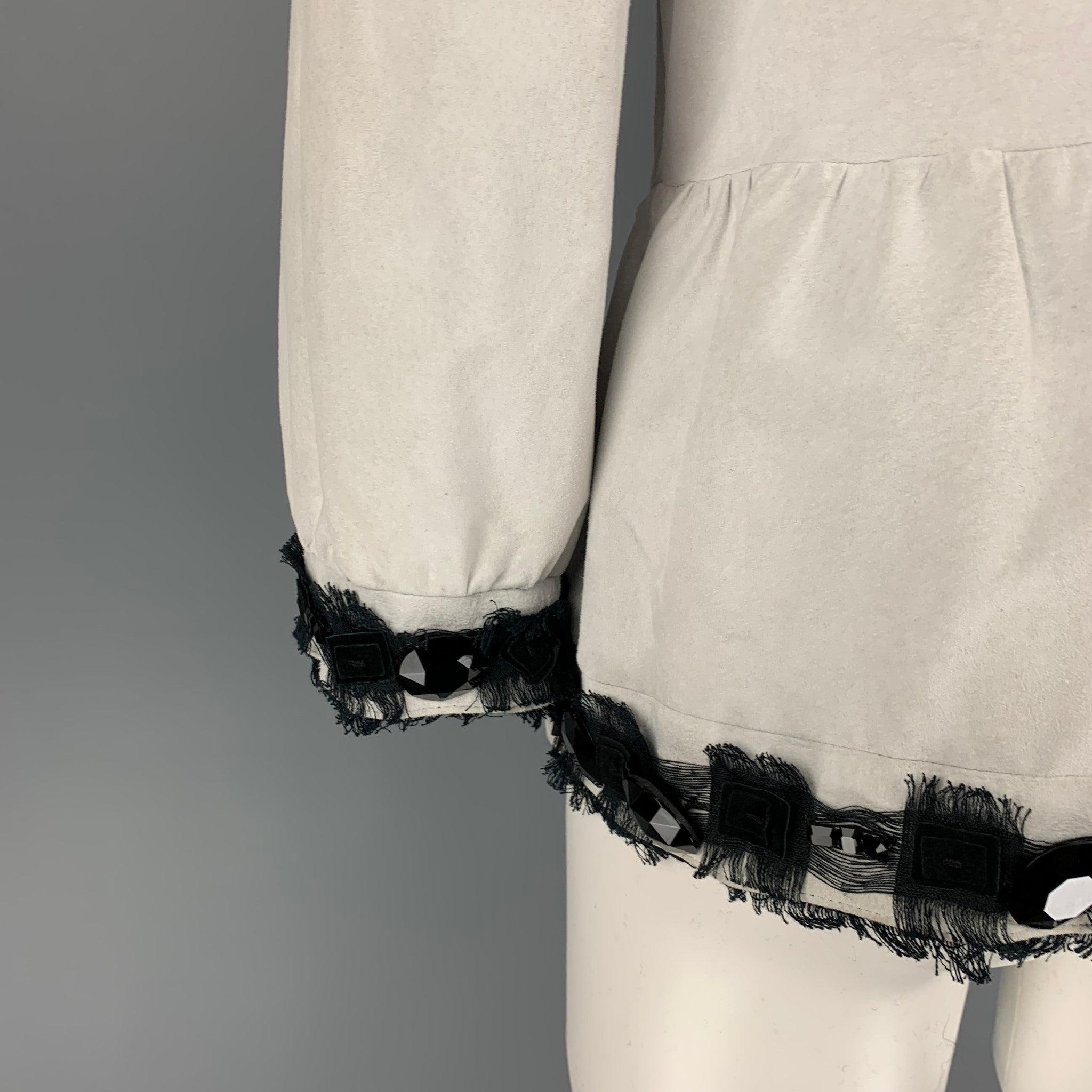 Women's YVES SAINT LAURENT Size 6 Off White Black Leather Beaded Jacket
